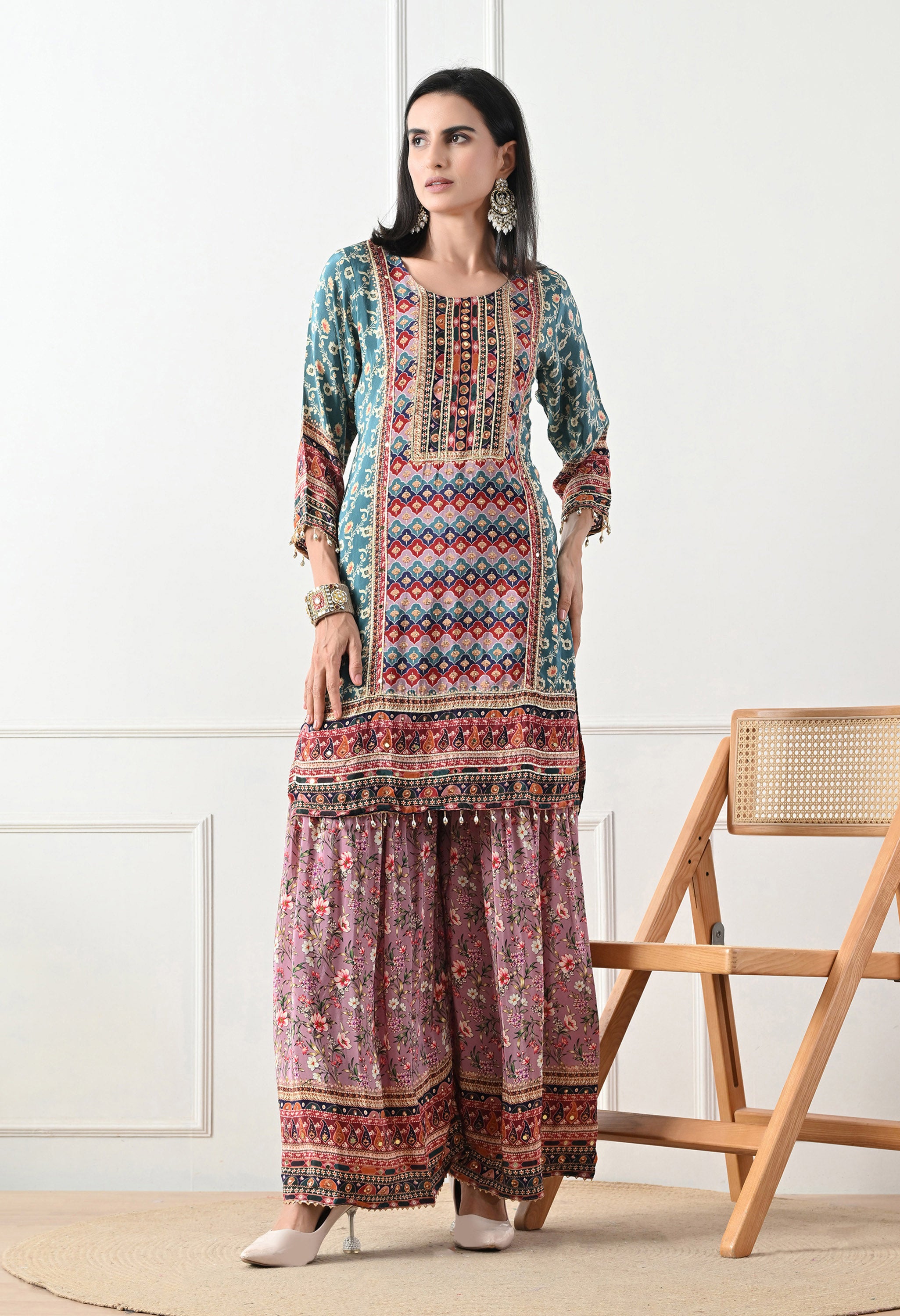 Crepe Turquoise & Lavender Digital Print Gharara Suit - Set of 3