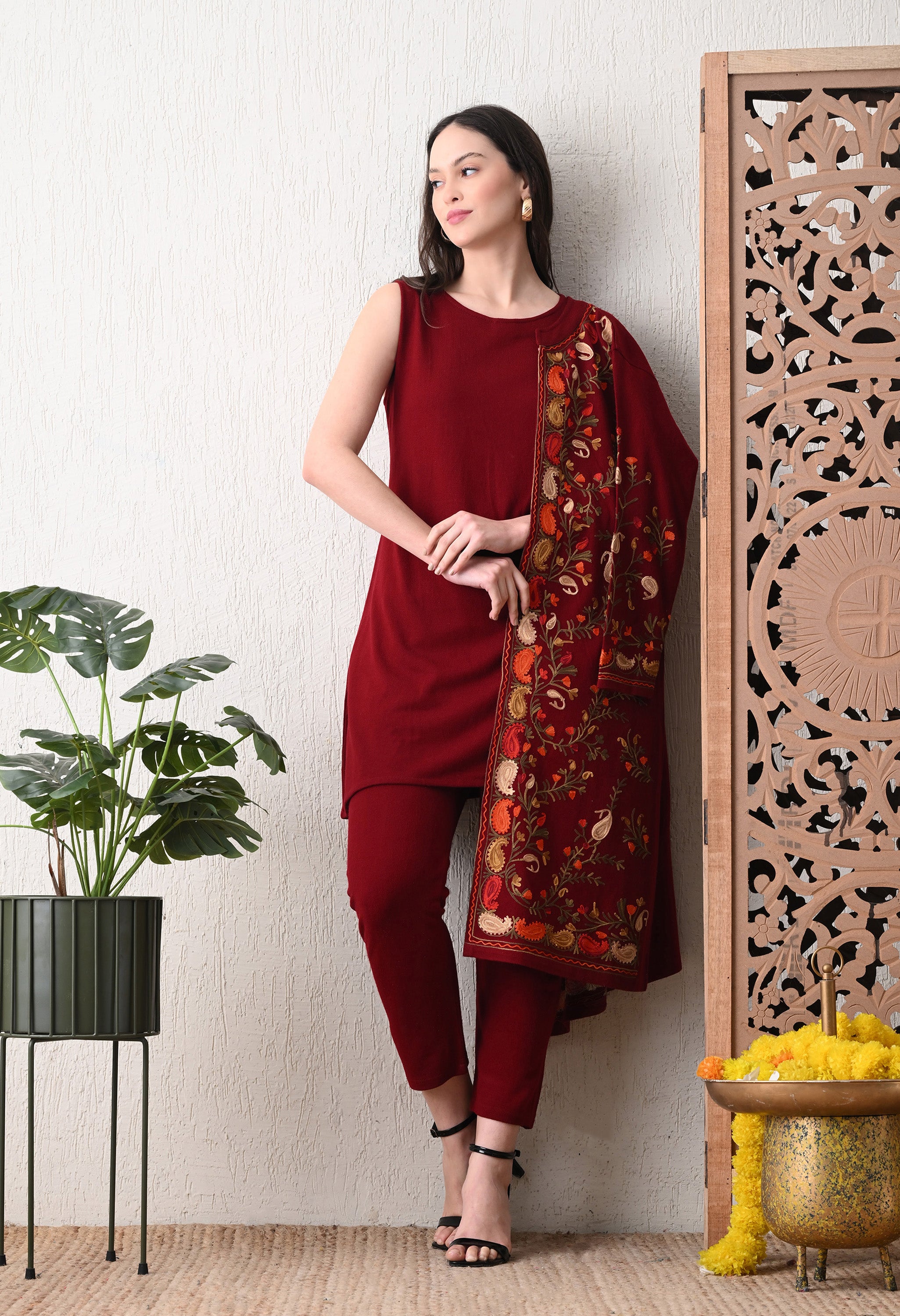 Red Woolen Set with Detachable Kashmiri Embroidered Jacket - Set of 3