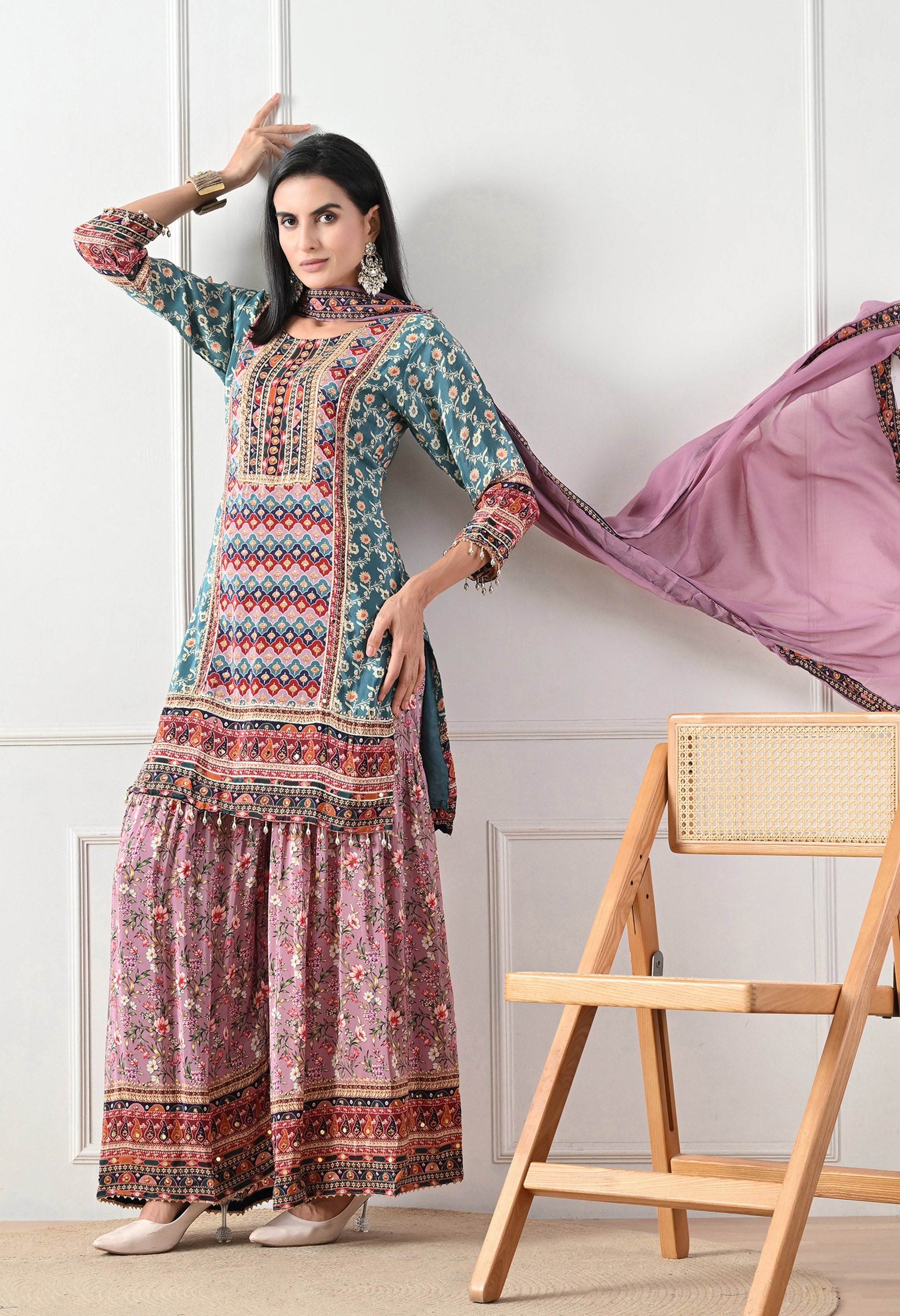 Crepe Turquoise & Lavender Digital Print Gharara Suit - Set of 3