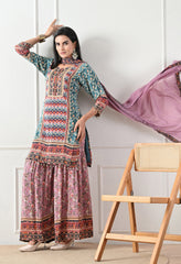 Crepe Turquoise & Lavender Digital Print Gharara Suit - Set of 3