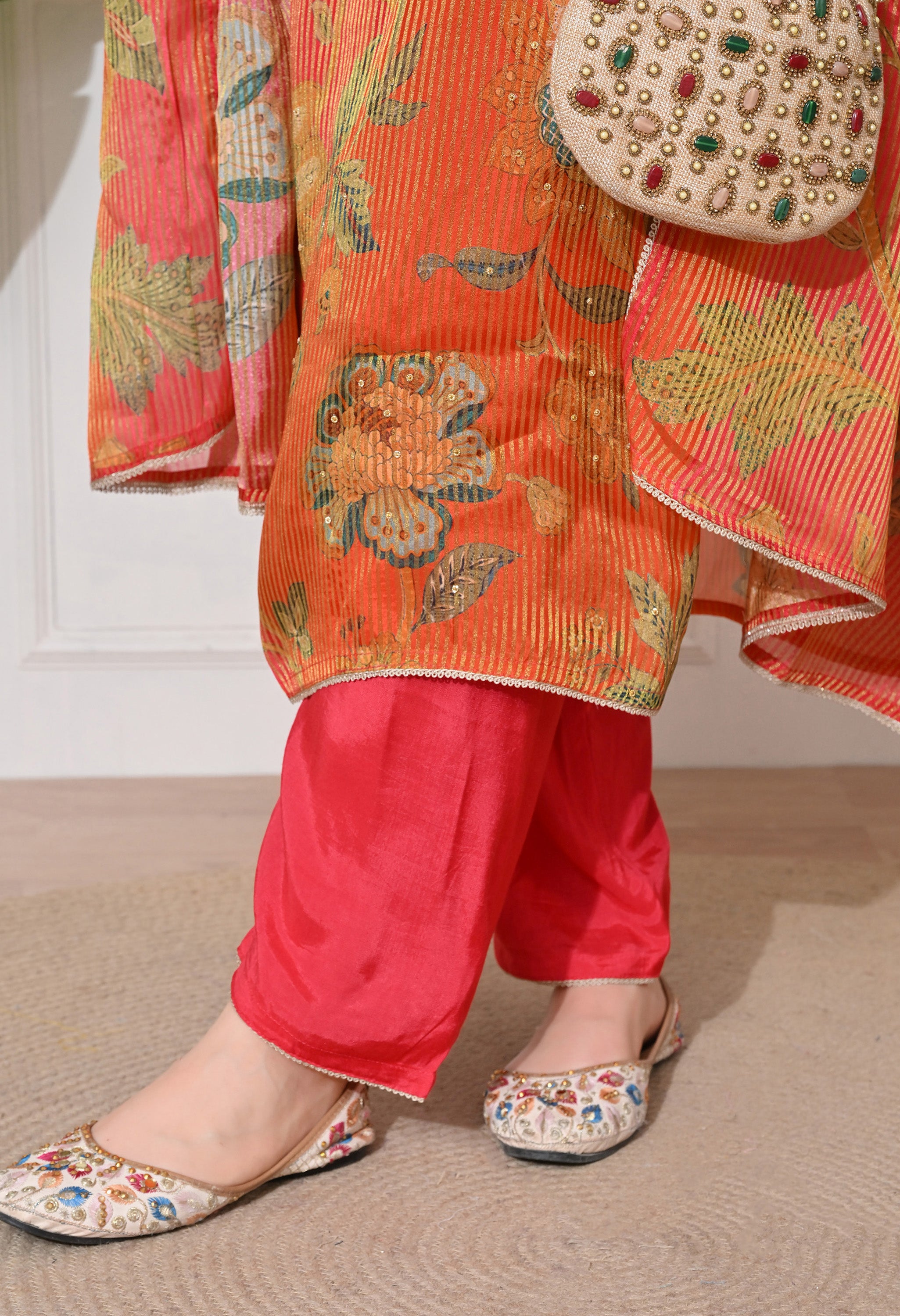 Rust Orange Ombre Tissue Silk Embroidered Suit- Set of 3