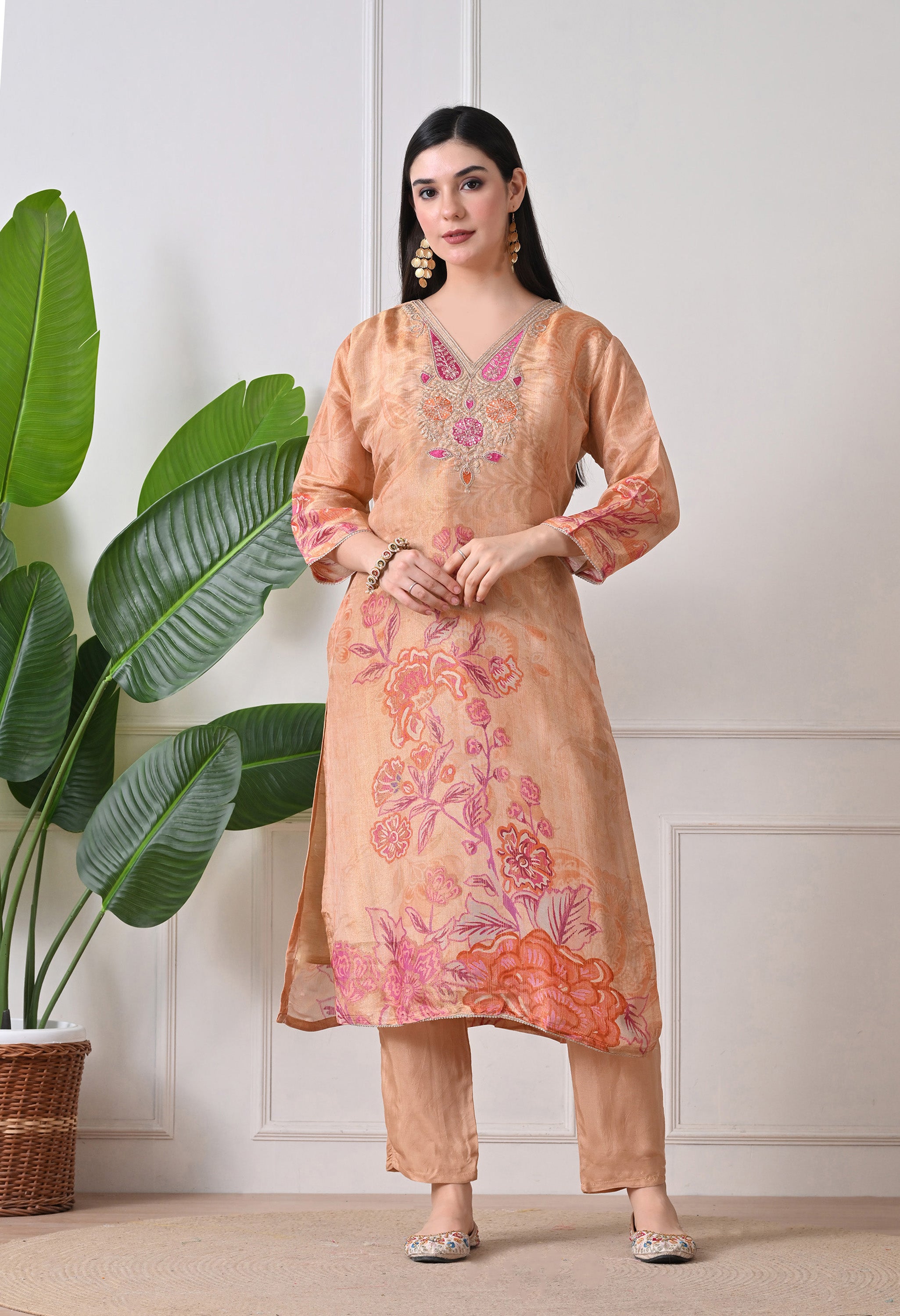 Beige Tissue Silk Embroidered Suit- Set of 3