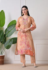 Beige Tissue Silk Embroidered Suit- Set of 3