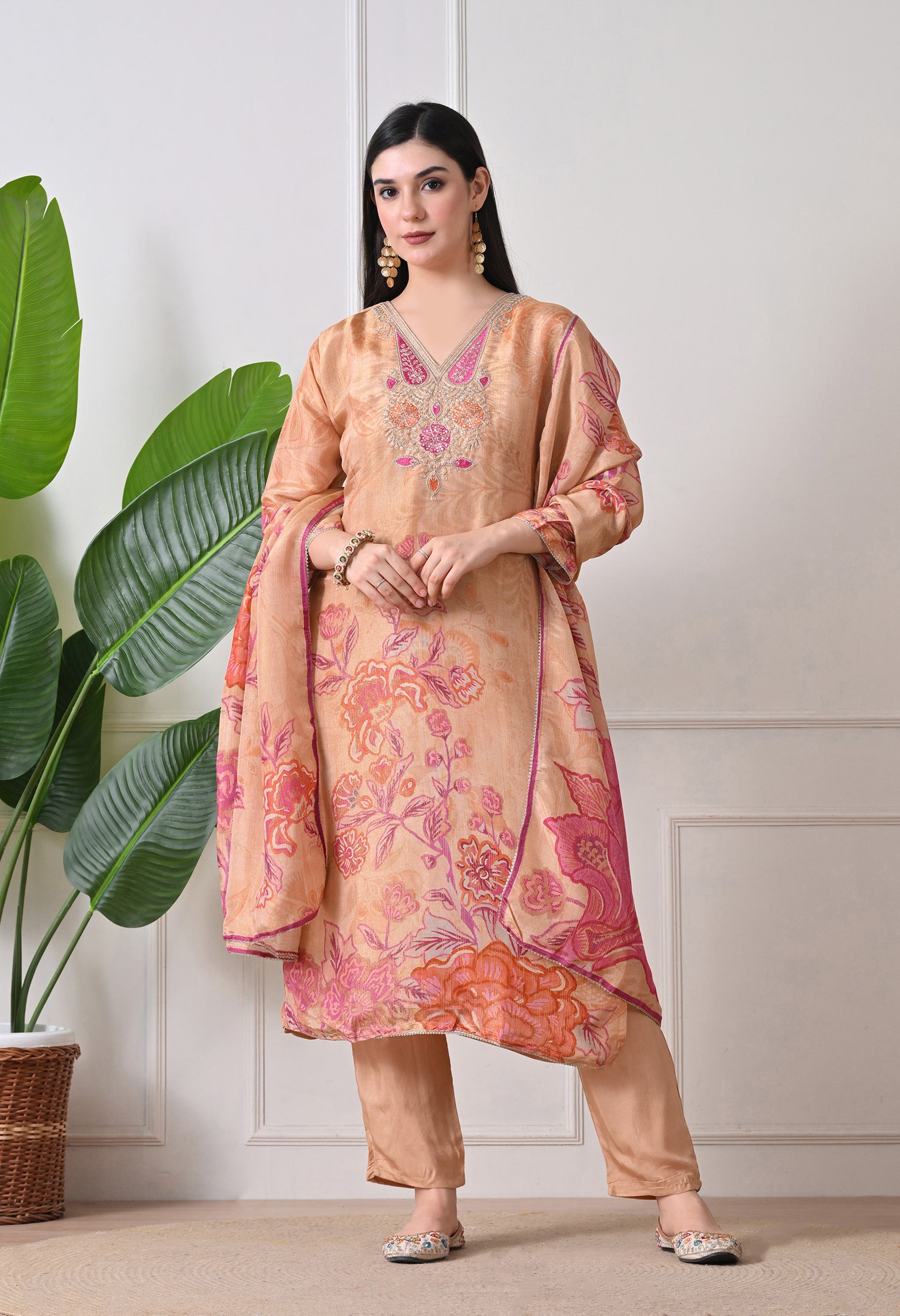 Beige Tissue Silk Embroidered Suit- Set of 3