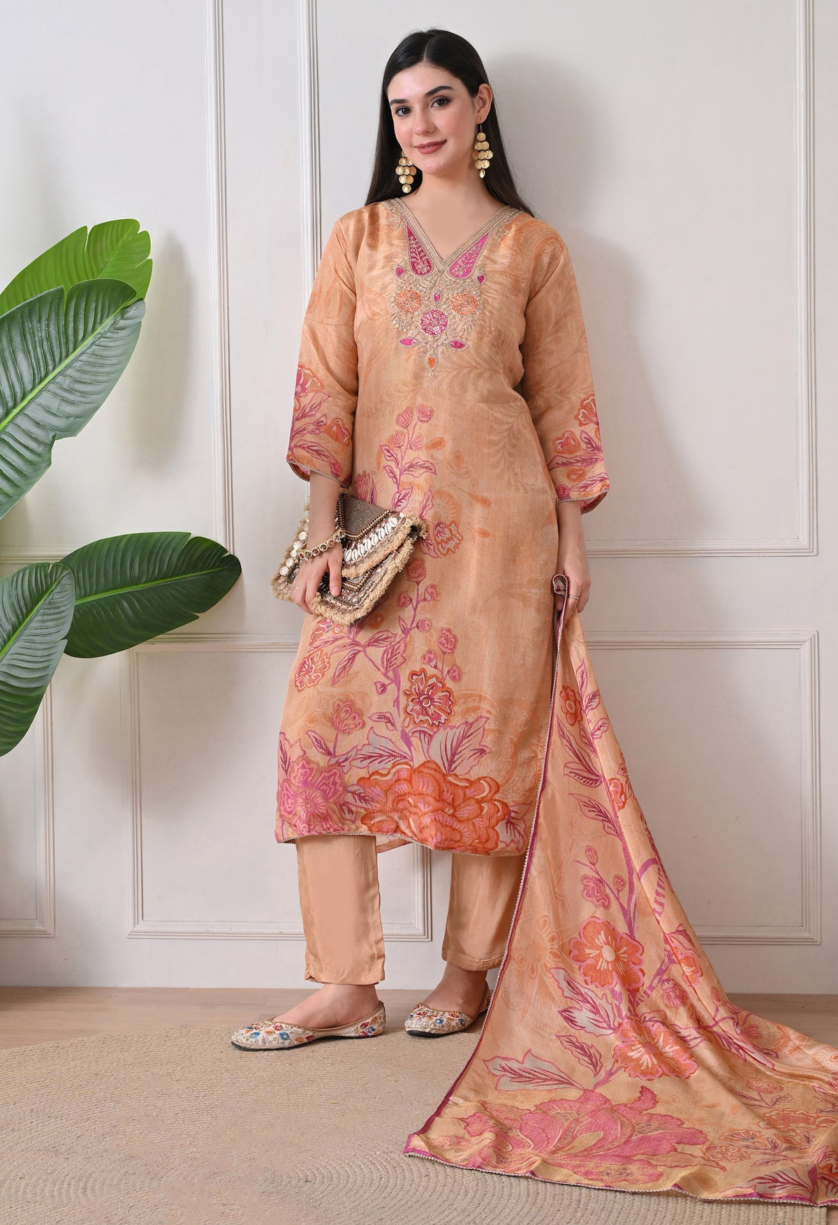 Beige Tissue Silk Embroidered Suit- Set of 3