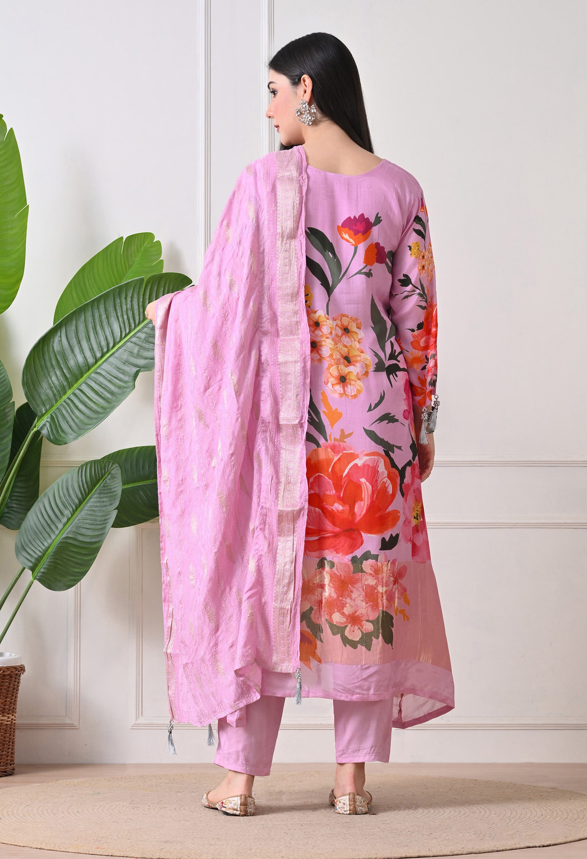 Lavender A-line Digital Print Muslin Sequin Work Suit - Set of 3
