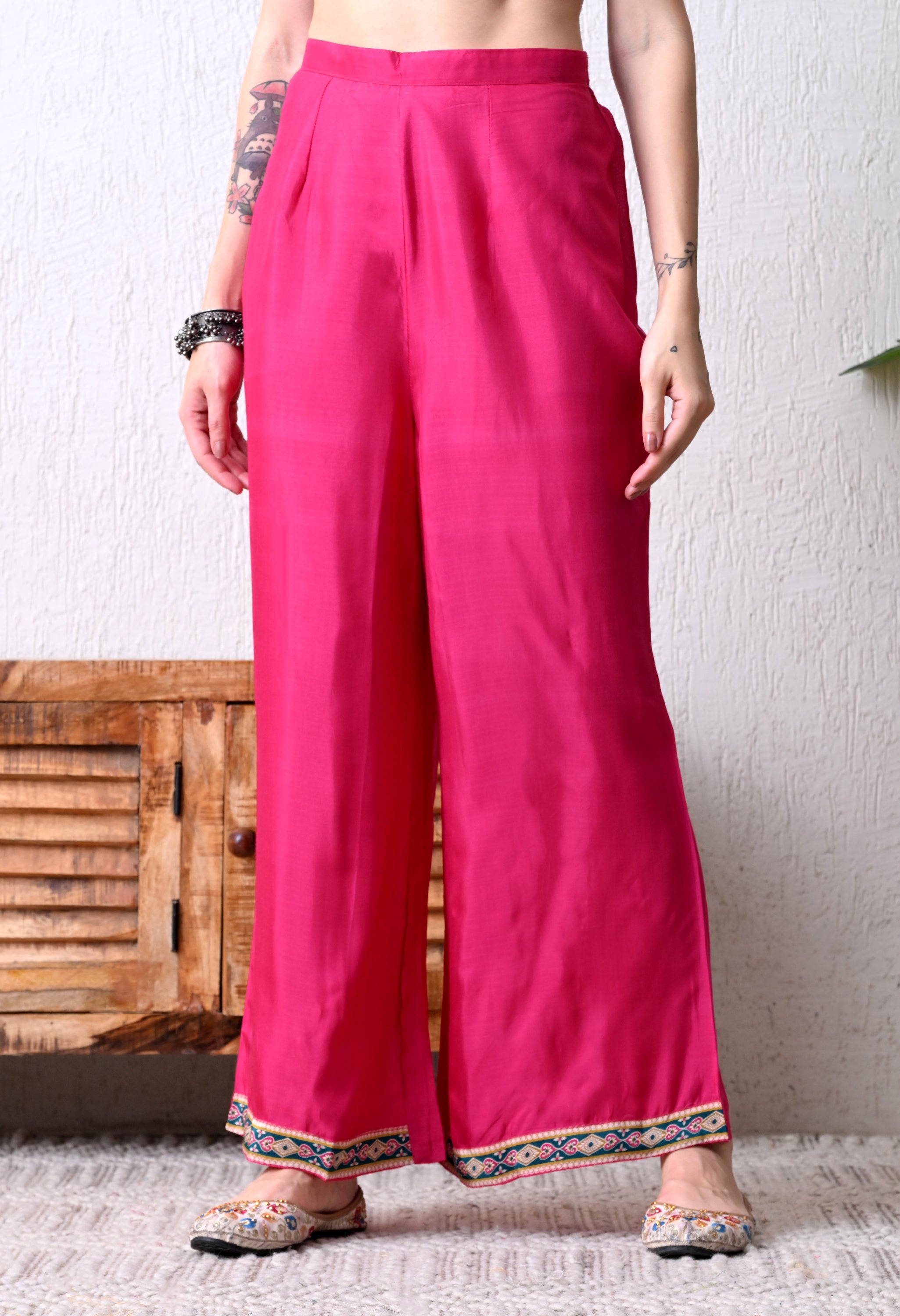 Magenta Pure Crepe A-Line Digital Print Real Mirror Work Suit - Set of 3