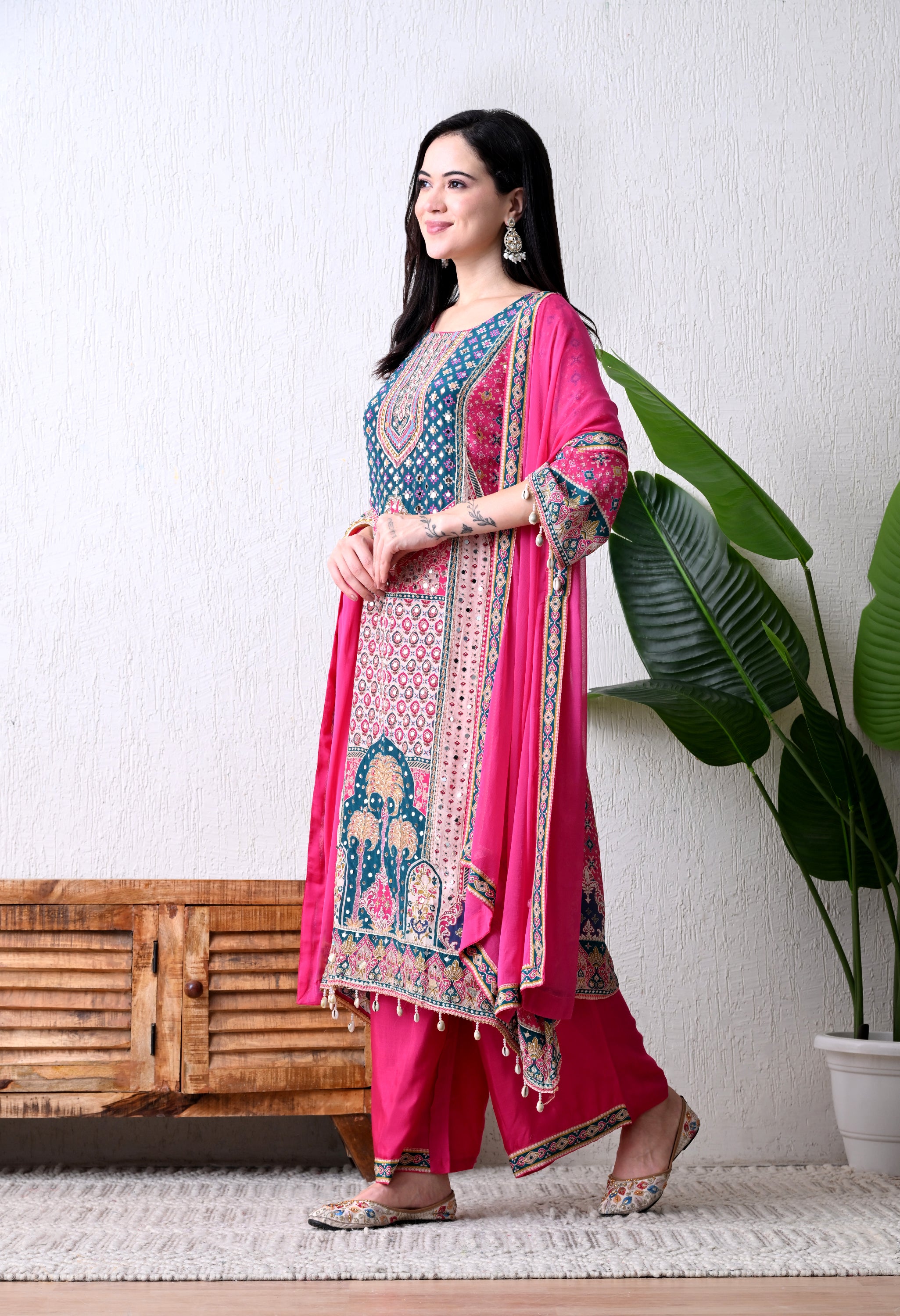 Magenta Pure Crepe A-Line Digital Print Real Mirror Work Suit - Set of 3