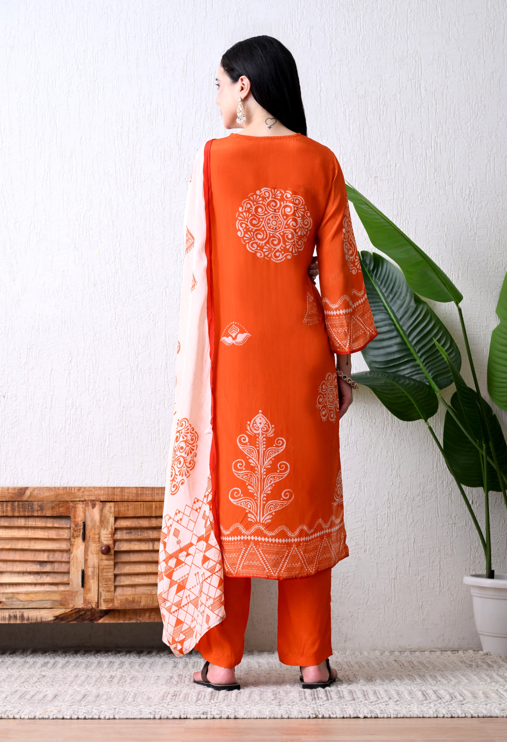 Orange Pure Crepe Suit with Beaded Neckline - Set of 3