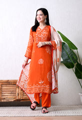 Orange Pure Crepe Suit with Beaded Neckline - Set of 3