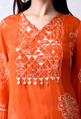 Orange Pure Crepe Suit with Beaded Neckline - Set of 3