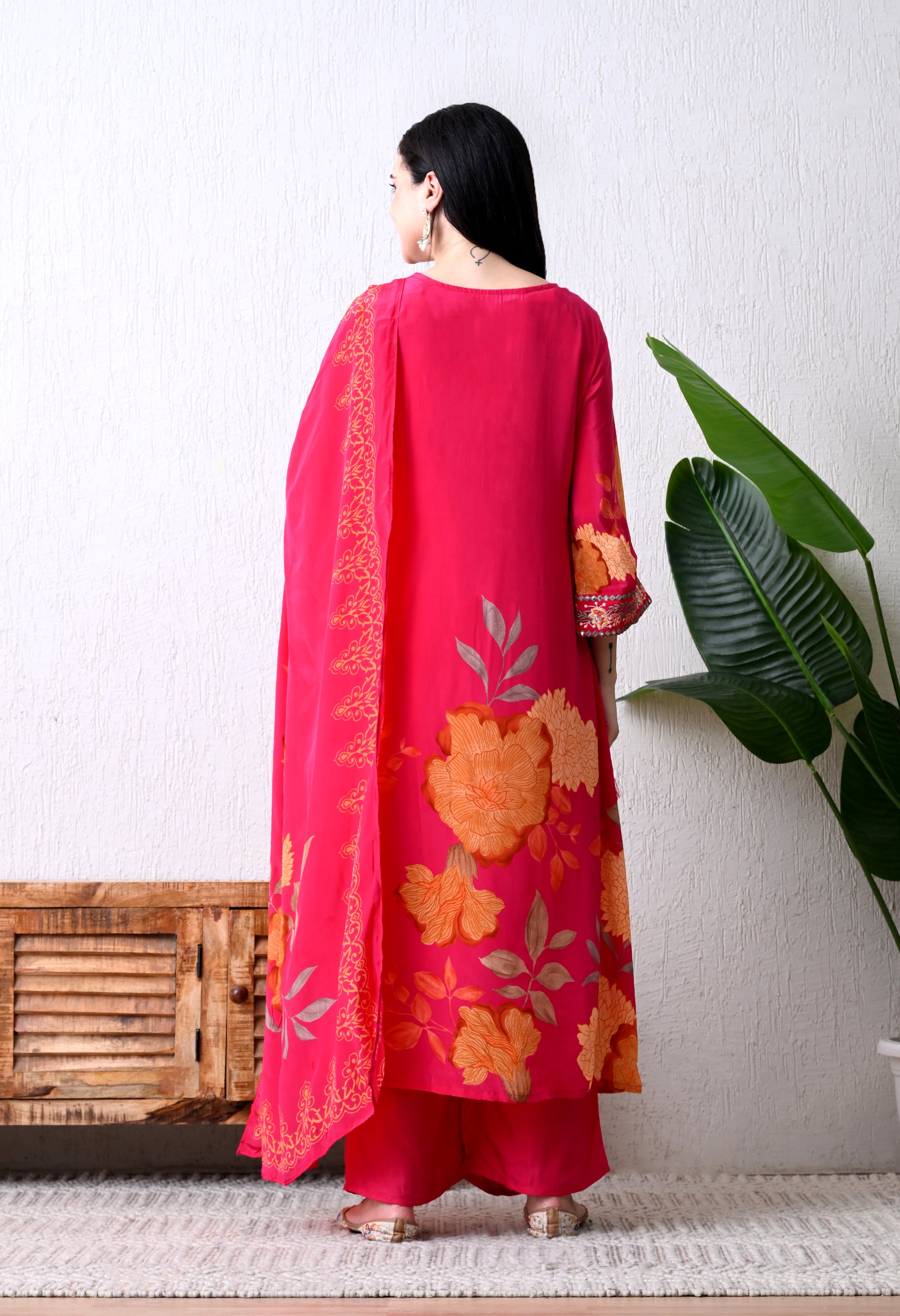 Magenta Pure Crepe Digital Print Suit- Set of 3