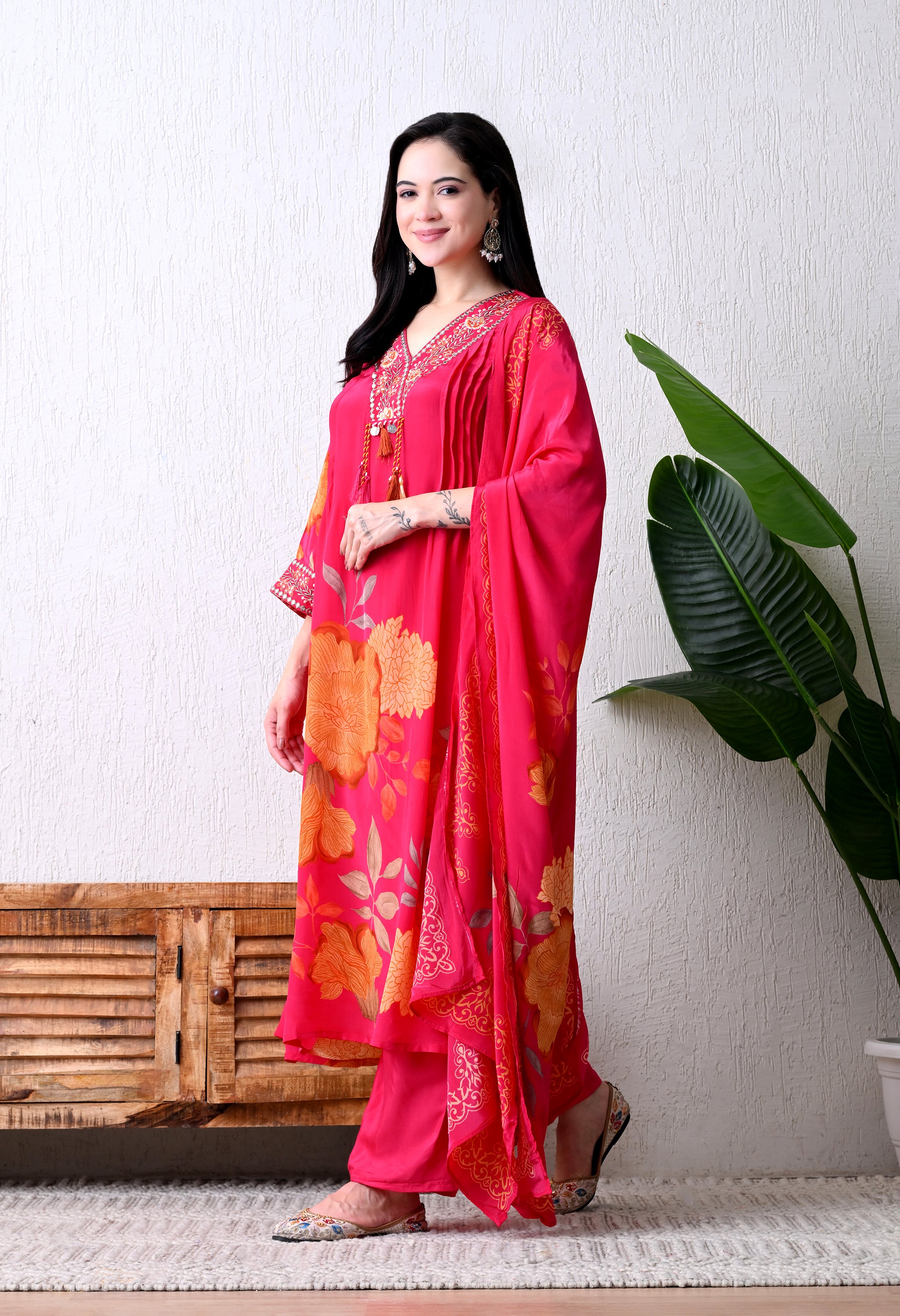 Magenta Pure Crepe Digital Print Suit- Set of 3