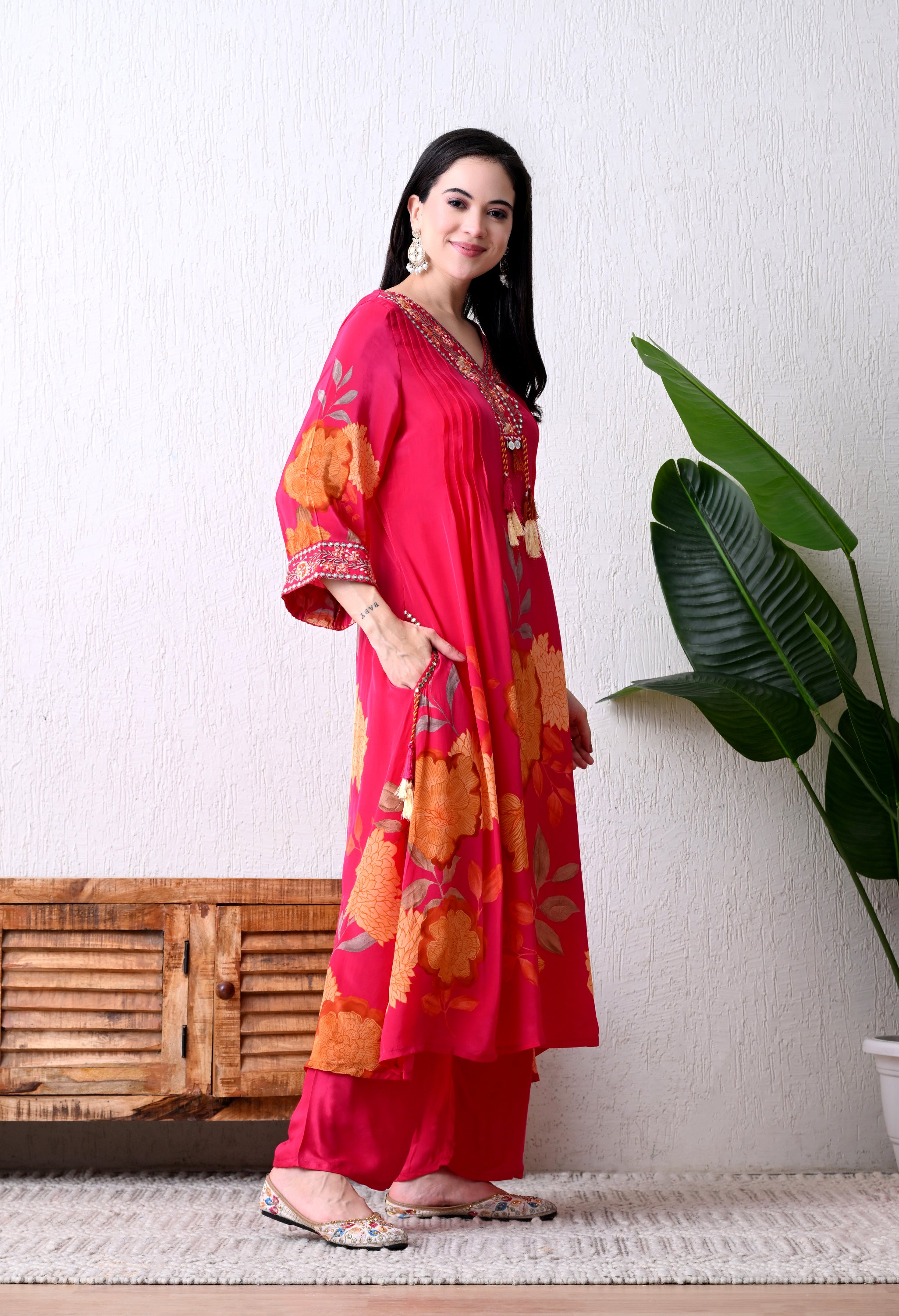 Magenta Pure Crepe Digital Print Suit- Set of 3