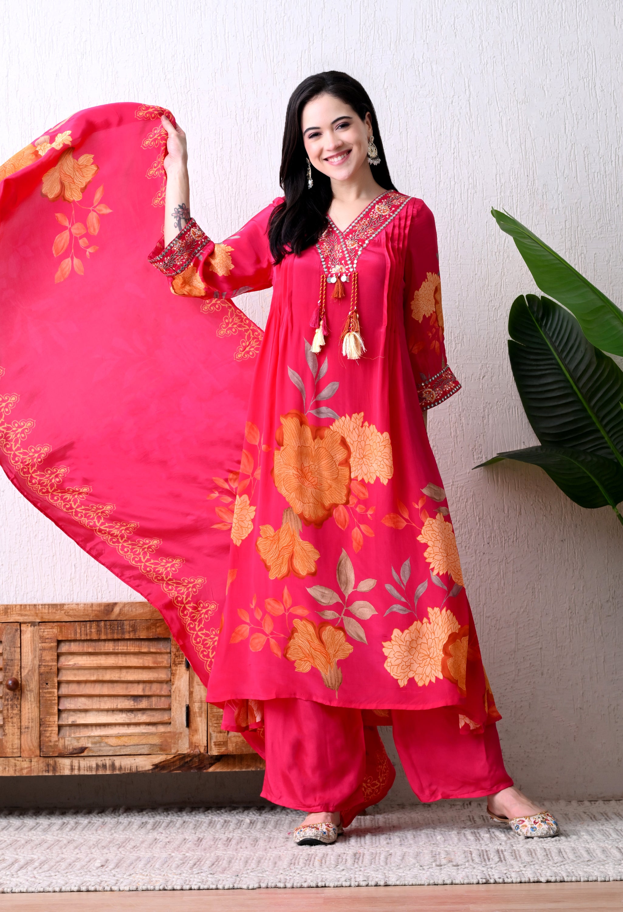 Magenta Pure Crepe Digital Print Suit- Set of 3