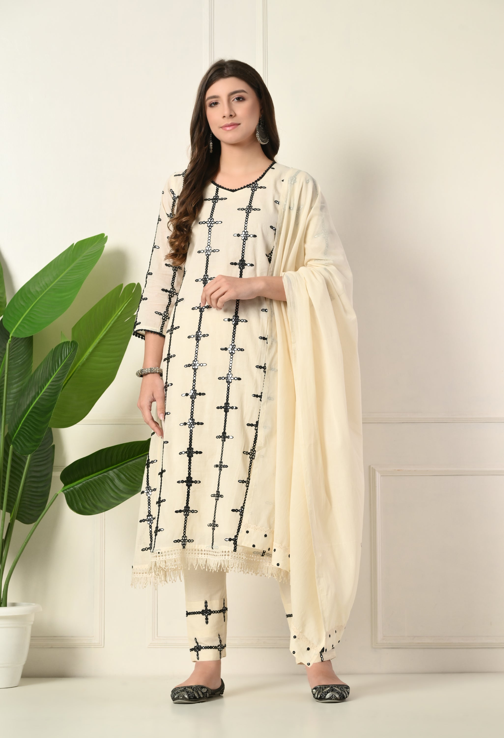Off-White Thread and Mirror Work Cotton A-Line Suit - Set of 3