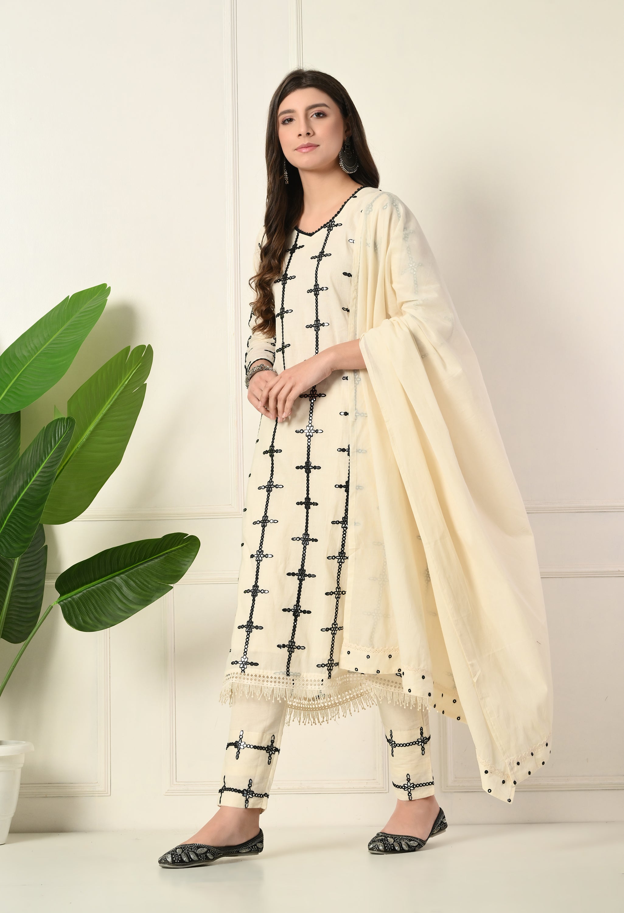 Off-White Thread and Mirror Work Cotton A-Line Suit - Set of 3