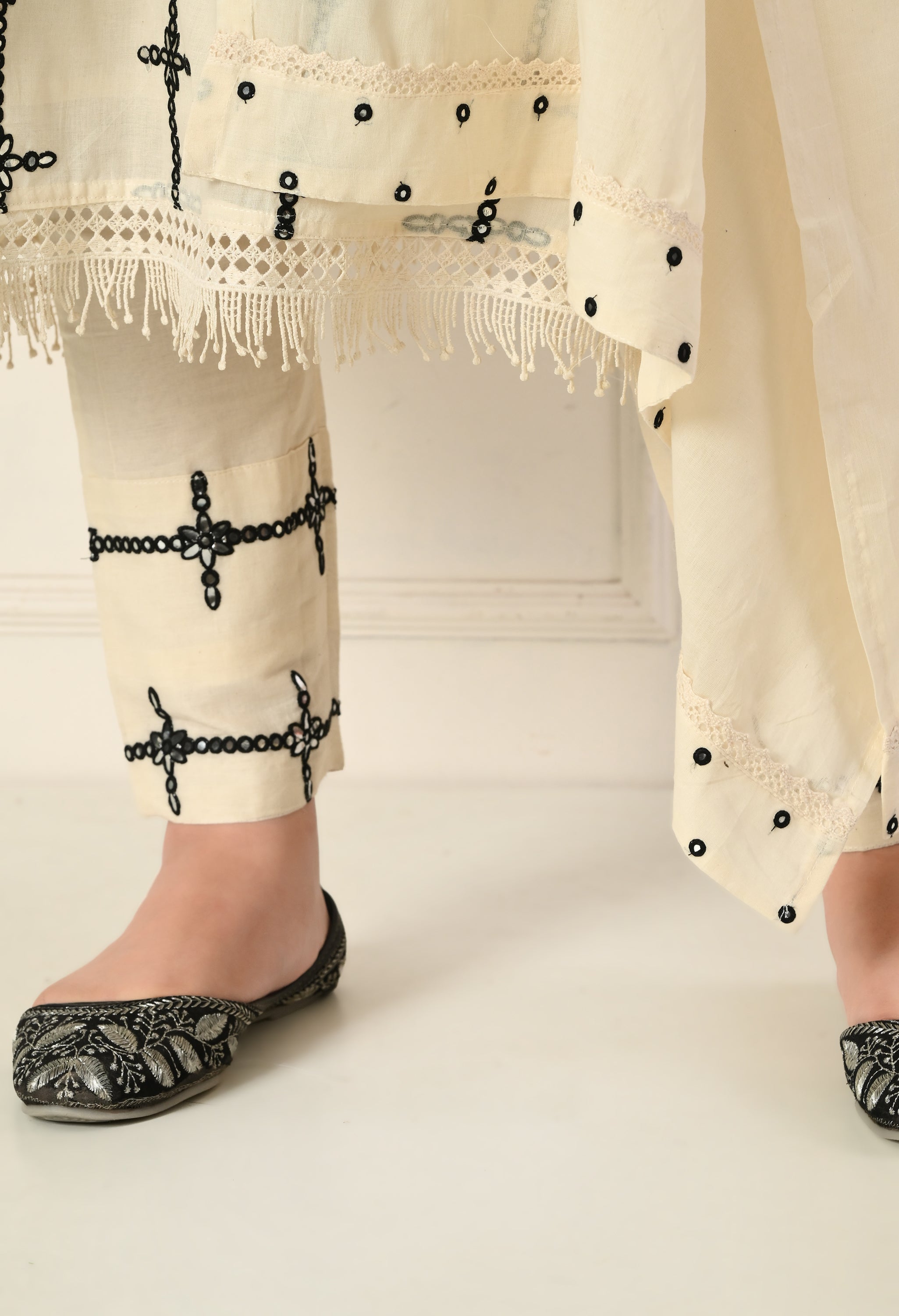 Off-White Thread and Mirror Work Cotton A-Line Suit - Set of 3