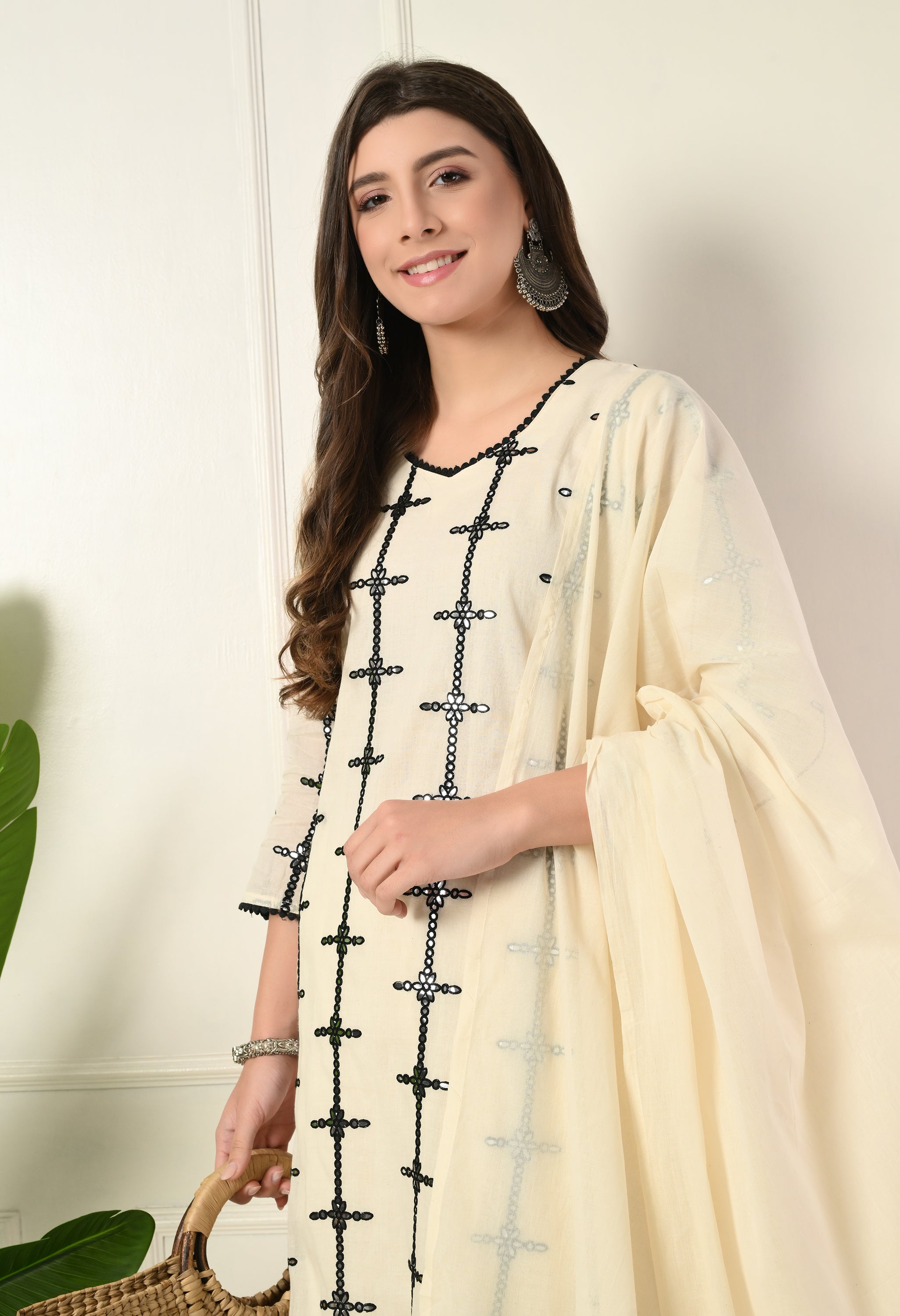 Off-White Thread and Mirror Work Cotton A-Line Suit - Set of 3