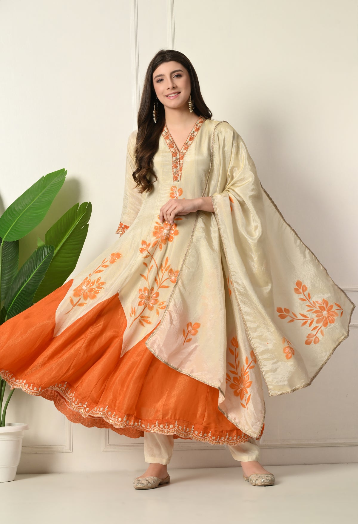 Ivory and Orange Shimmer Tissue Digital Print Anarkali Zari Sequin Work and Embroidery - Set of 3