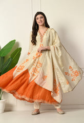 Ivory and Orange Shimmer Tissue Digital Print Anarkali Zari Sequin Work and Embroidery - Set of 3