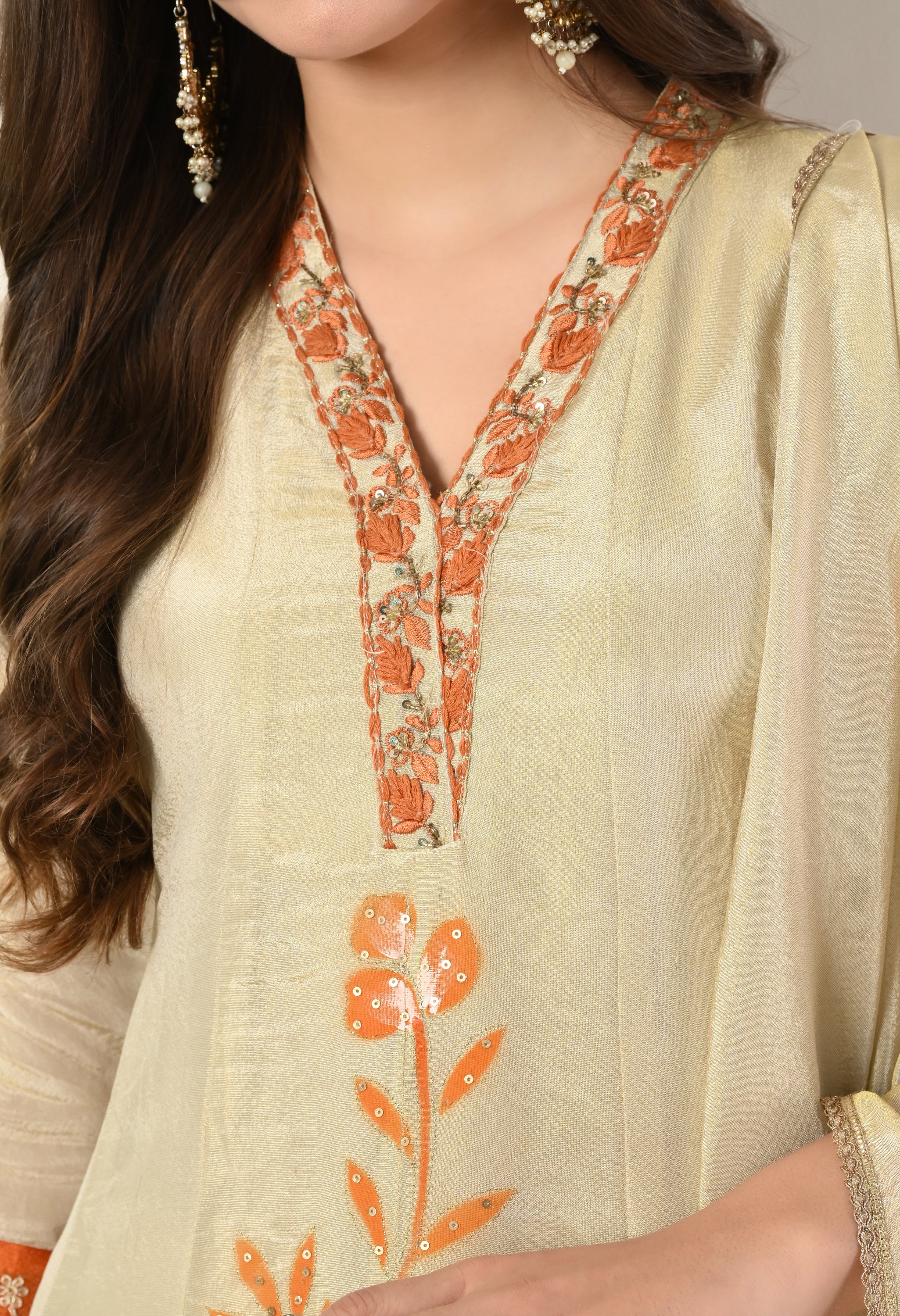 Ivory and Orange Shimmer Tissue Digital Print Anarkali Zari Sequin Work and Embroidery - Set of 3