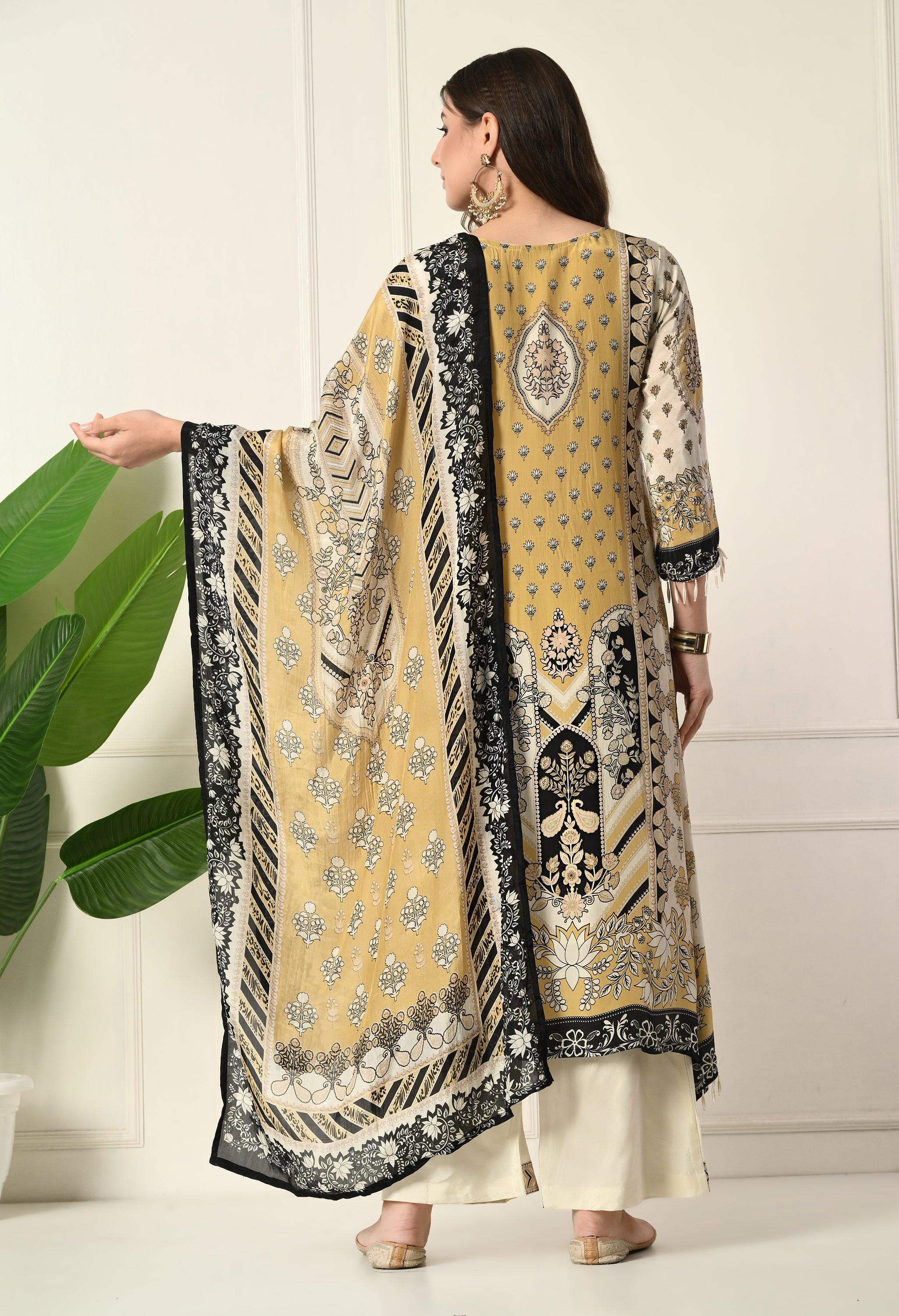 Cream Crepe A-Line Digital Print Suit with Highlighted Prints, Tassels- Set of 3