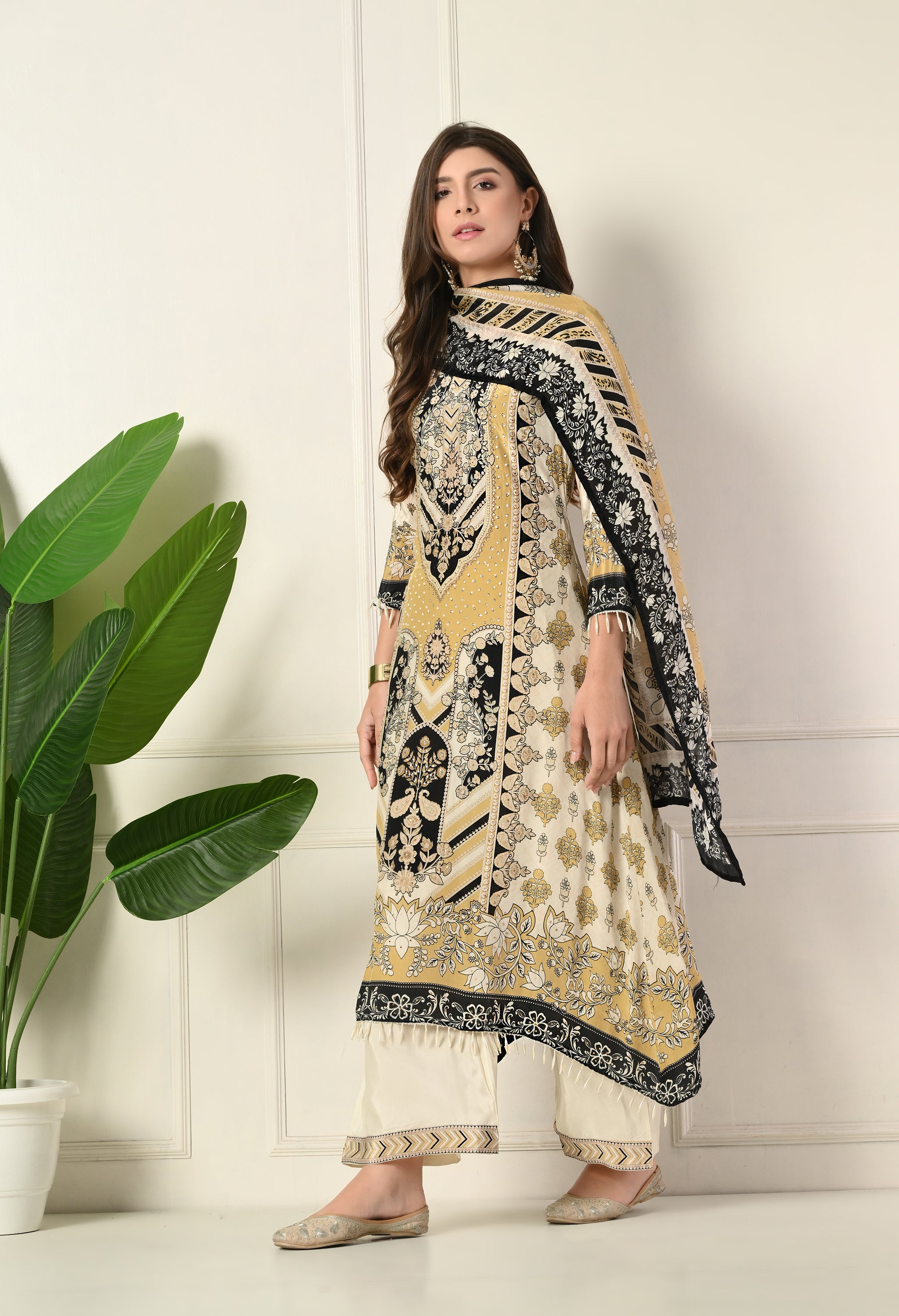 Cream Crepe A-Line Digital Print Suit with Highlighted Prints, Tassels- Set of 3