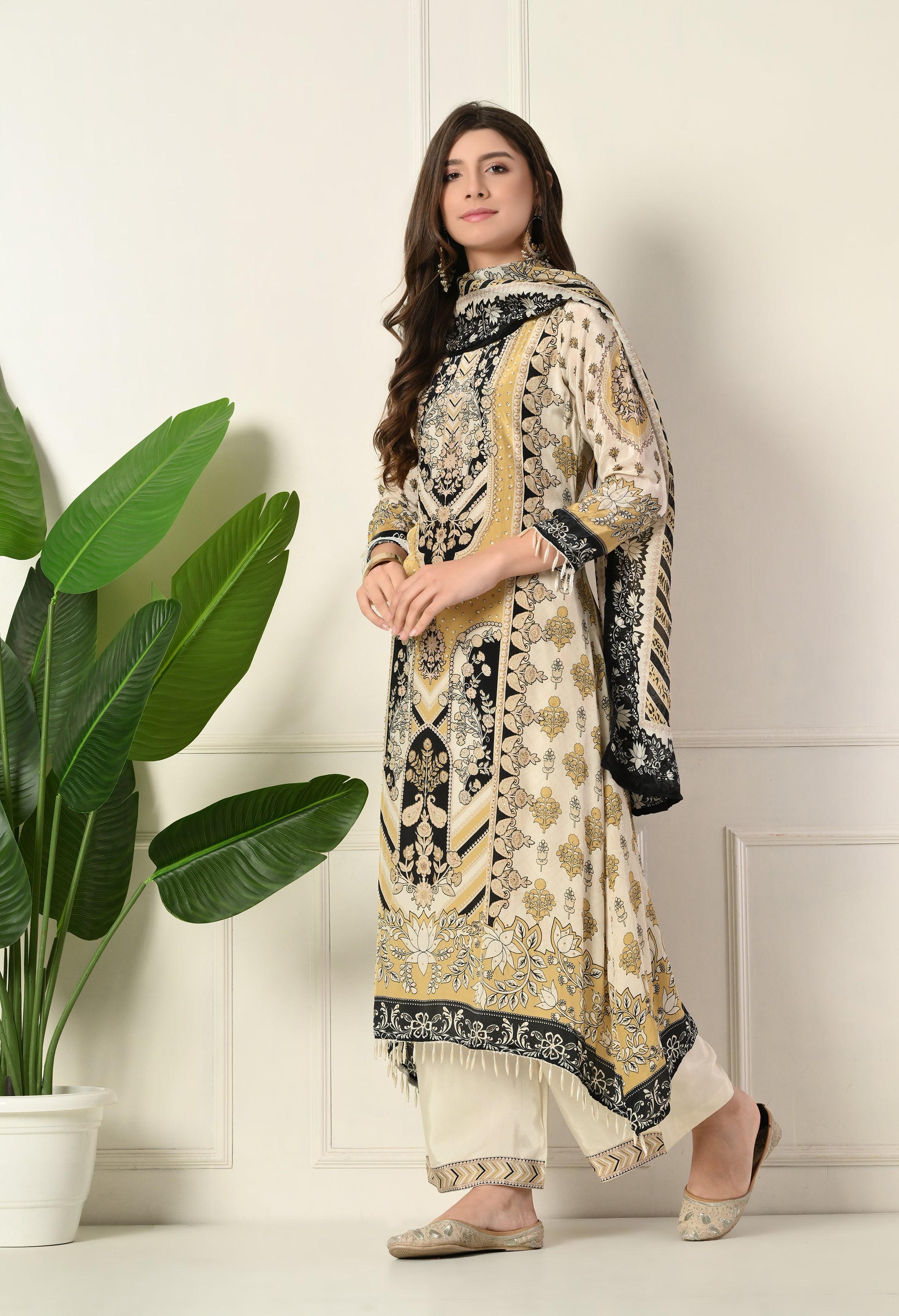 Cream Crepe A-Line Digital Print Suit with Highlighted Prints, Tassels- Set of 3