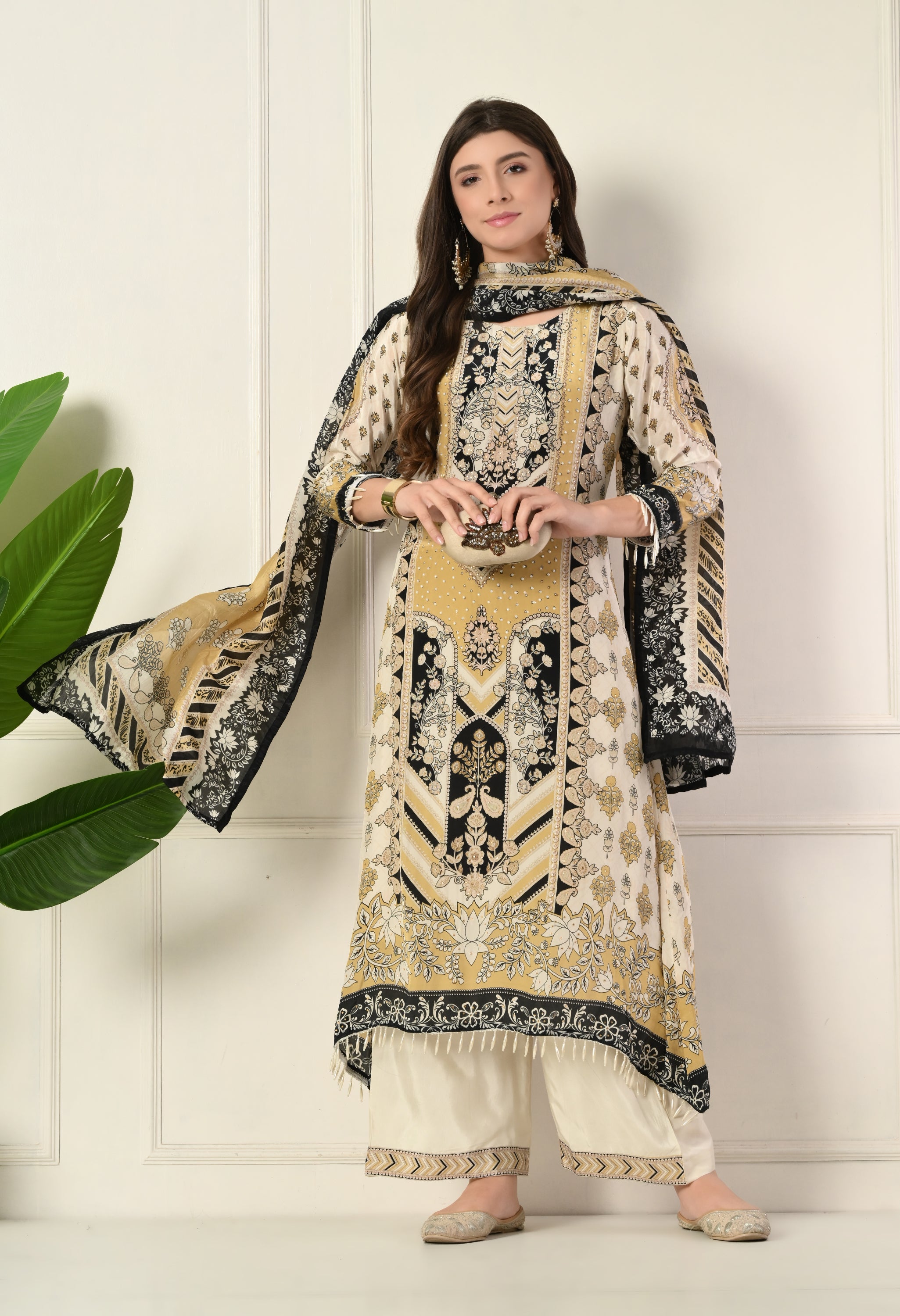 Cream Crepe A-Line Digital Print Suit with Highlighted Prints, Tassels- Set of 3