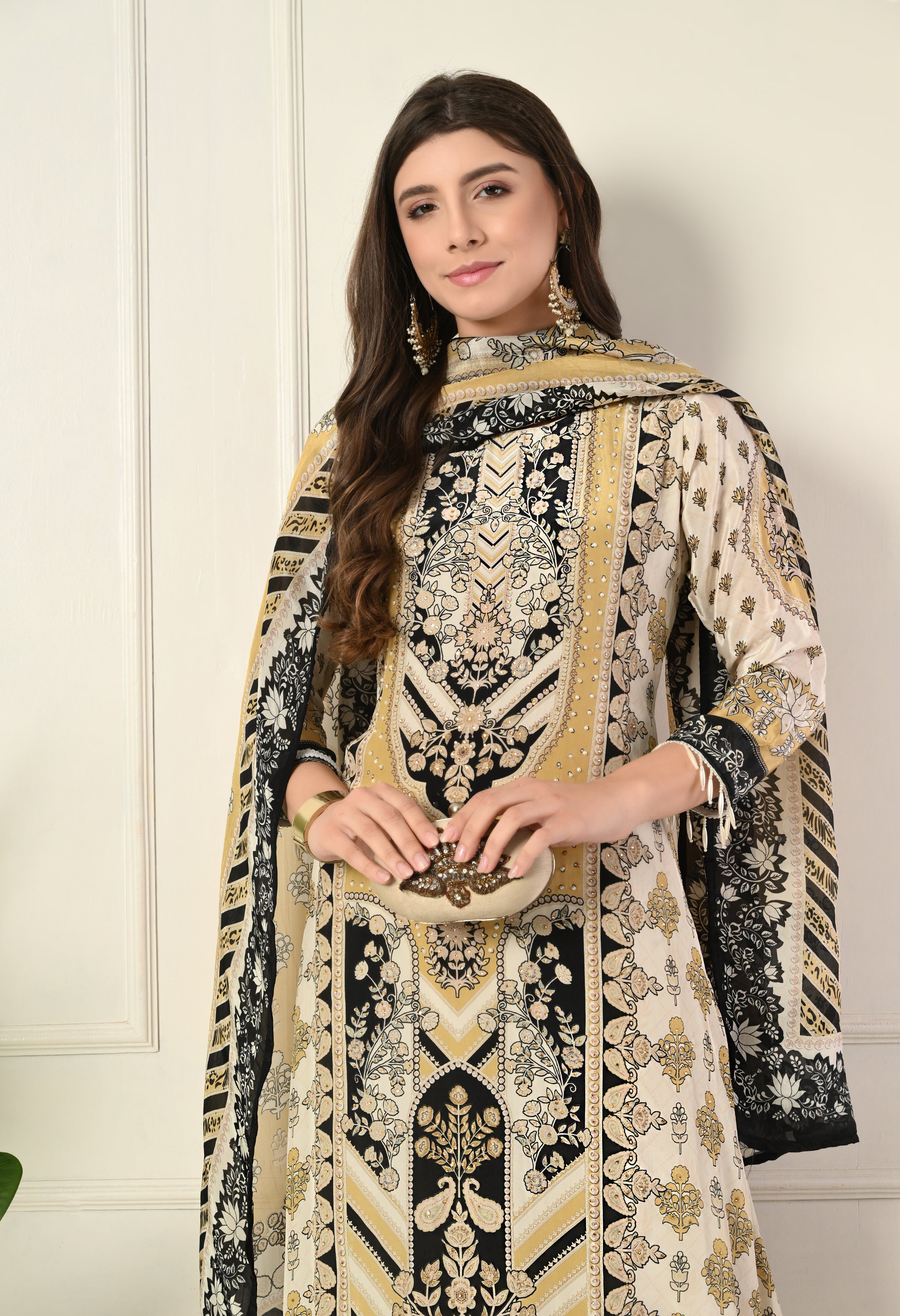 Cream Crepe A-Line Digital Print Suit with Highlighted Prints, Tassels- Set of 3