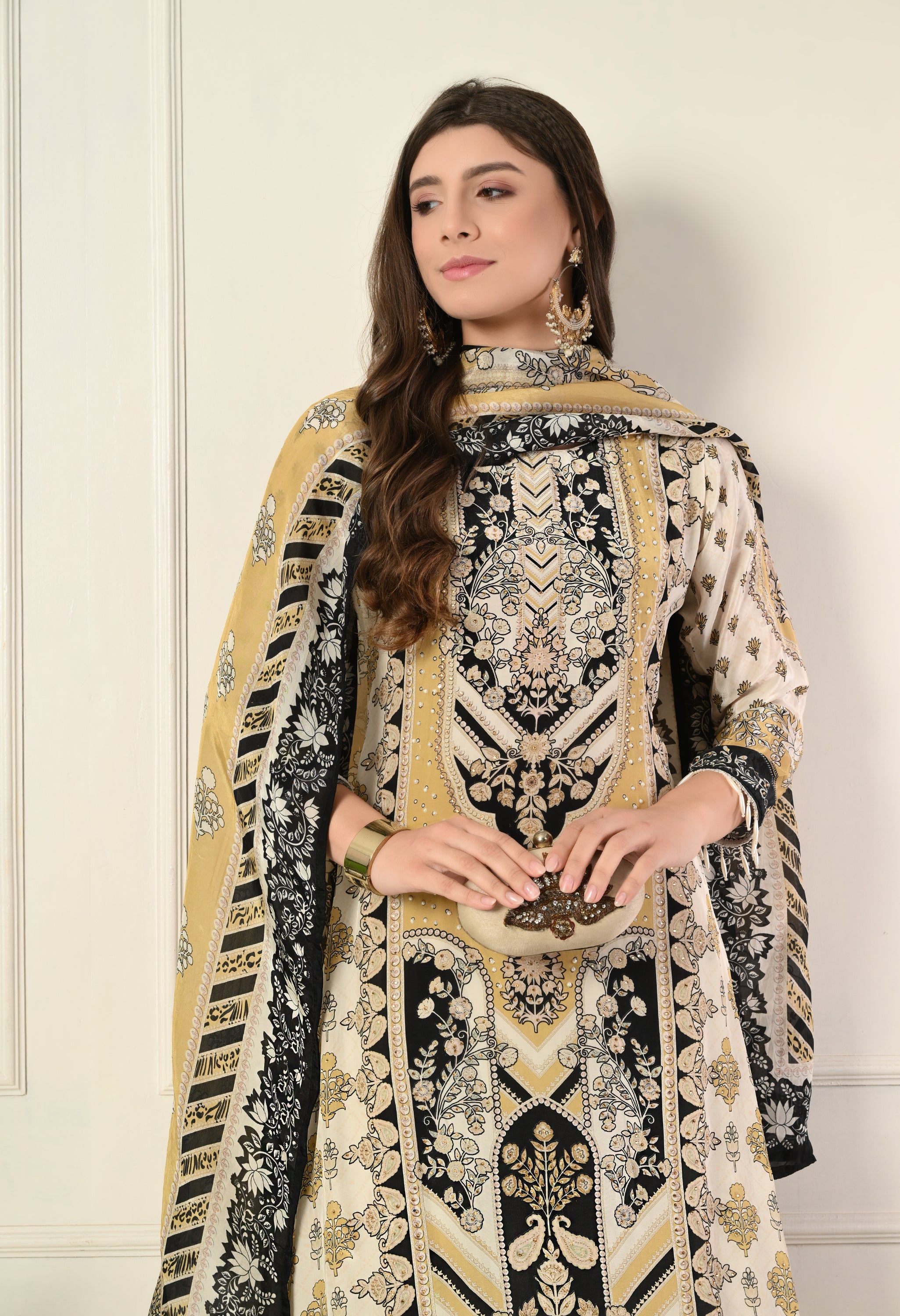 Cream Crepe A-Line Digital Print Suit with Highlighted Prints, Tassels- Set of 3