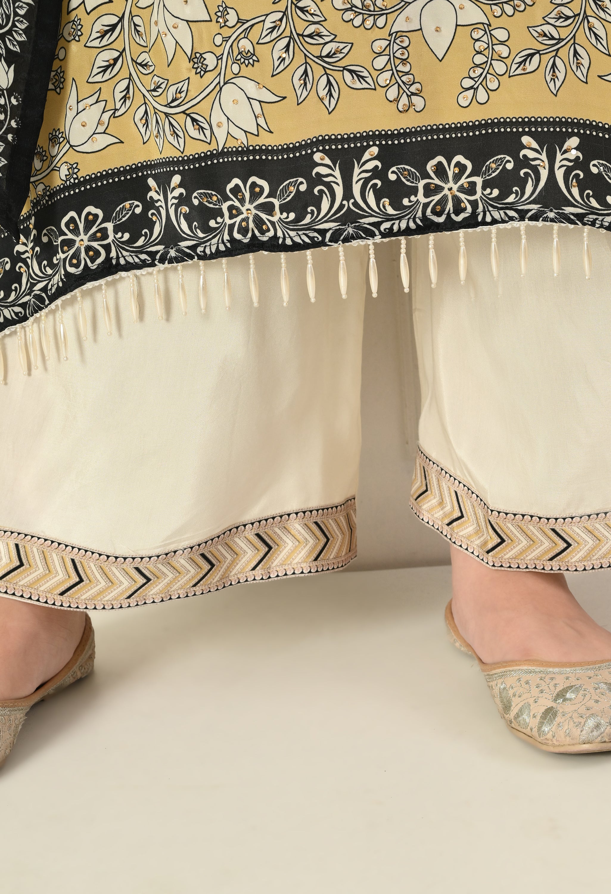 Cream Crepe A-Line Digital Print Suit with Highlighted Prints, Tassels- Set of 3