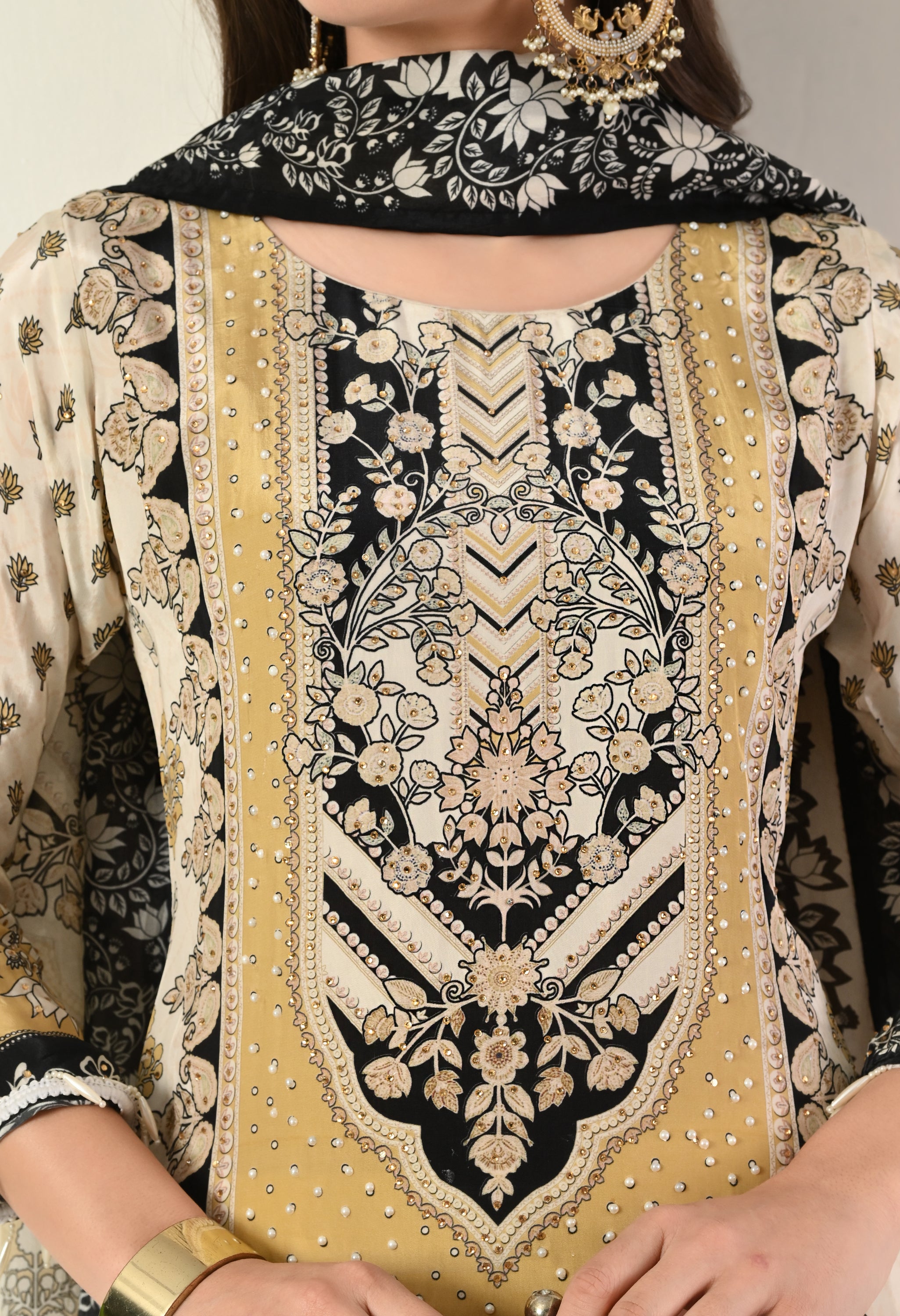 Cream Crepe A-Line Digital Print Suit with Highlighted Prints, Tassels- Set of 3