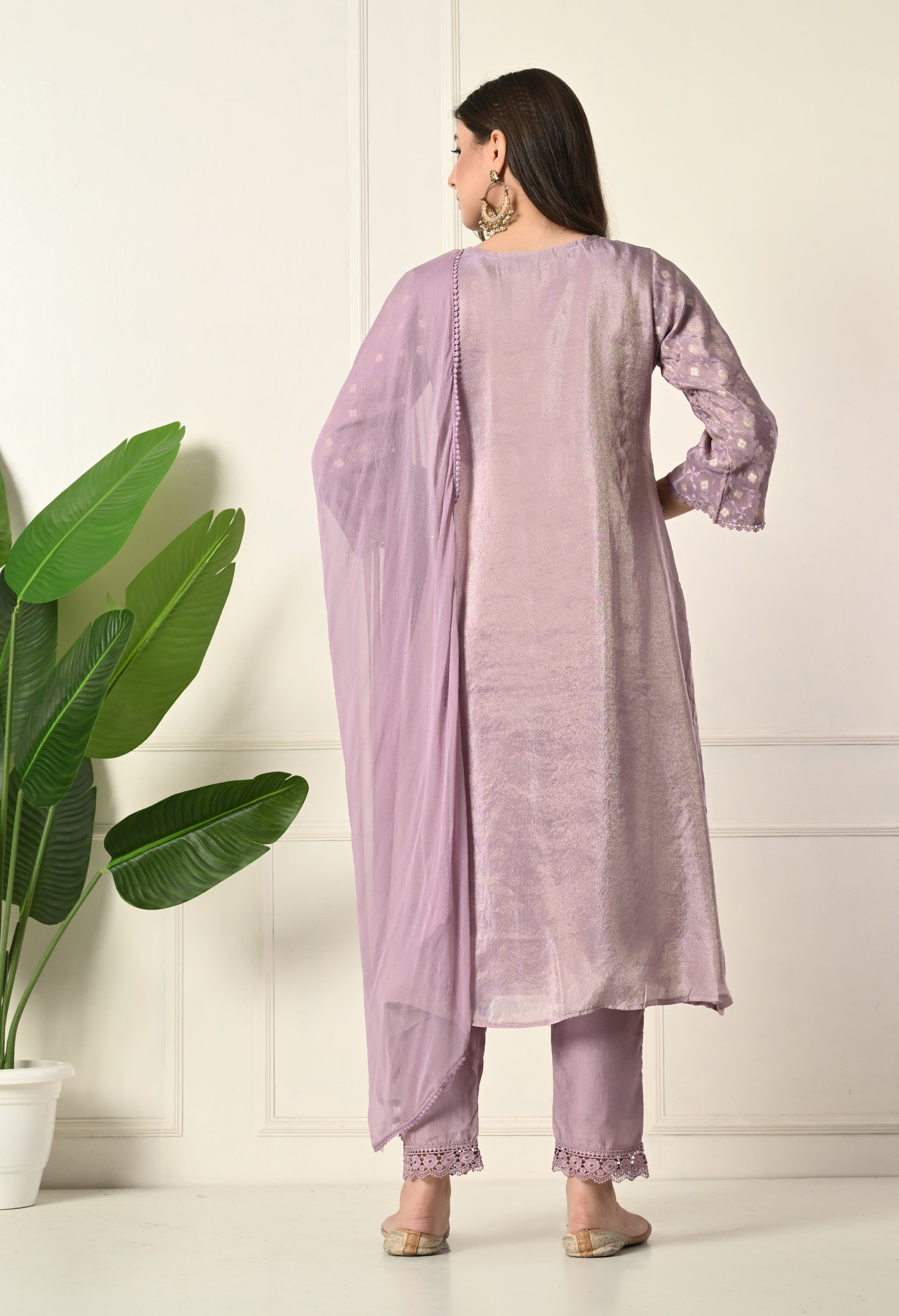 Lavender Banarasi Hand Embroidered A-Line Suit- Set of 3