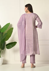 Lavender Banarasi Hand Embroidered A-Line Suit- Set of 3