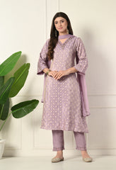 Lavender Banarasi Hand Embroidered A-Line Suit- Set of 3