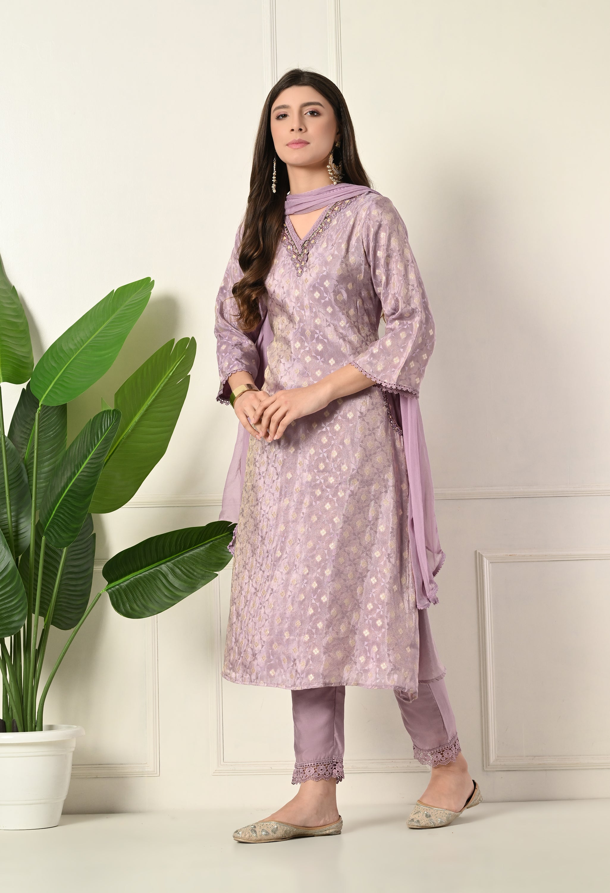 Lavender Banarasi Hand Embroidered A-Line Suit- Set of 3