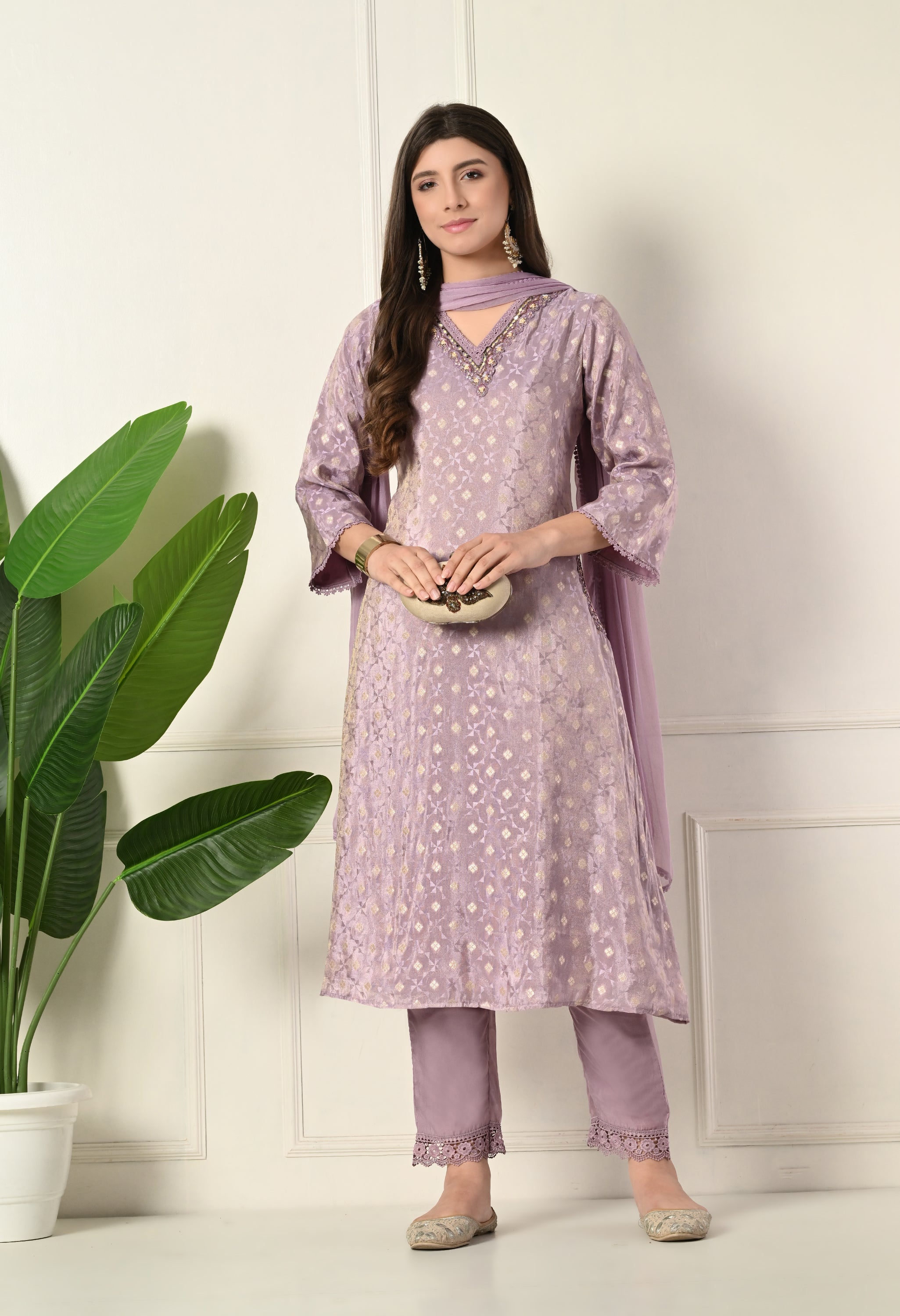 Lavender Banarasi Hand Embroidered A-Line Suit- Set of 3