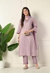 Lavender Banarasi Hand Embroidered A-Line Suit- Set of 3