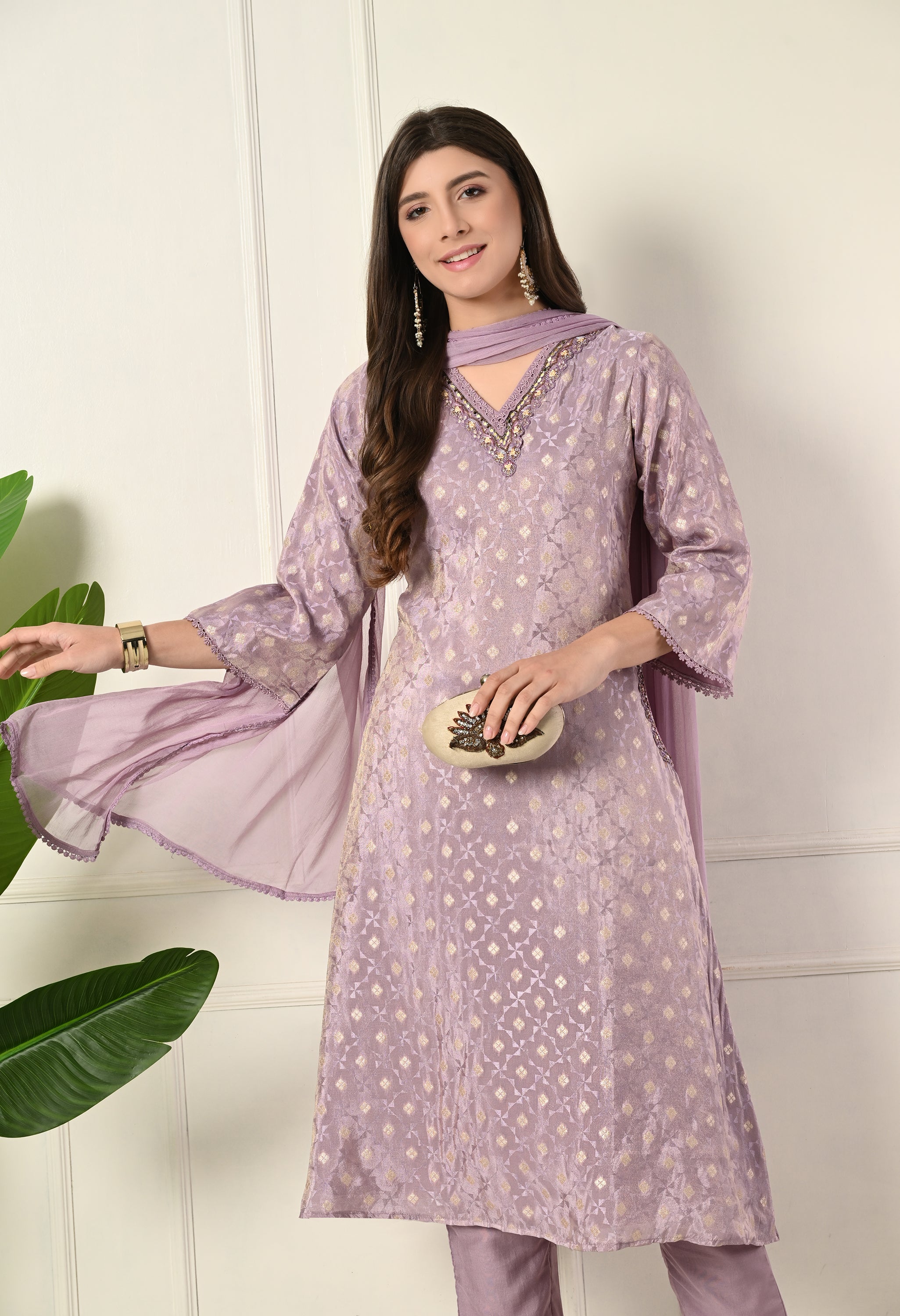 Lavender Banarasi Hand Embroidered A-Line Suit- Set of 3