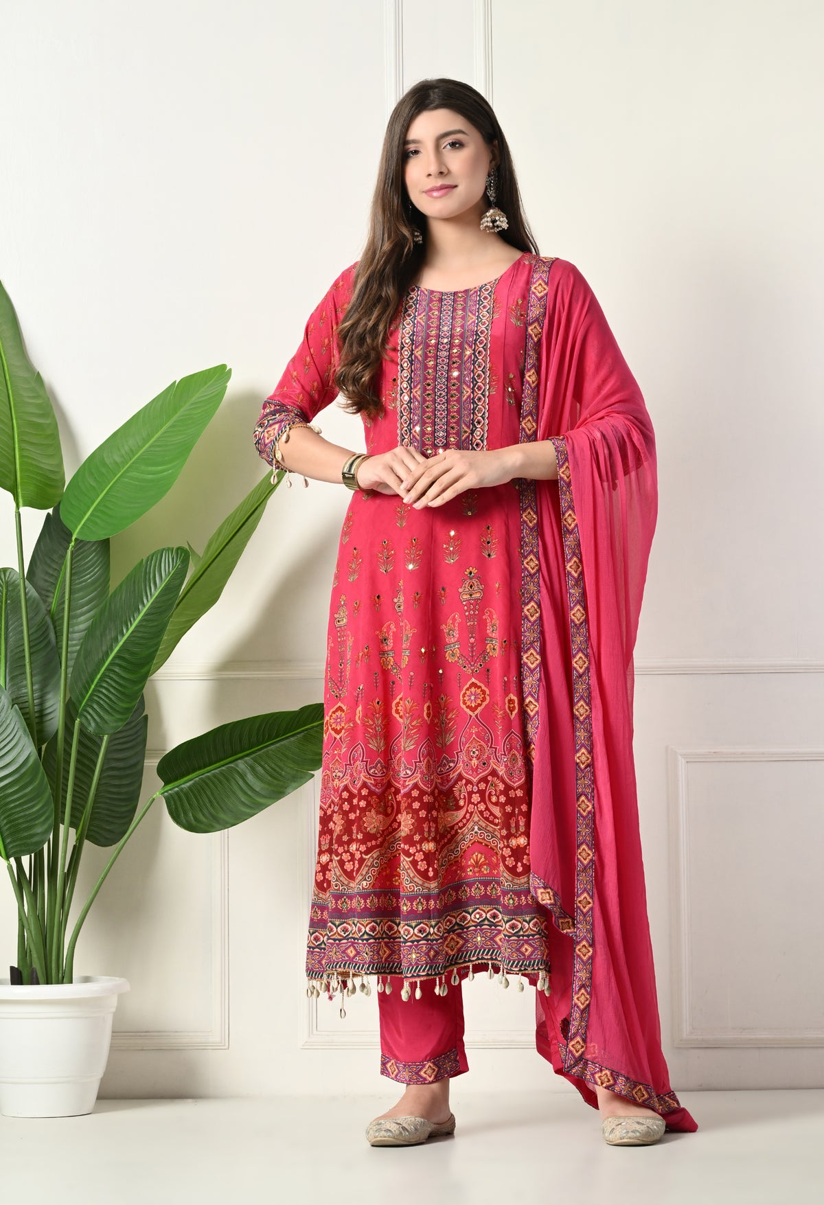 Ruby Red Crepe Digital Print Mirror Work Anarkali Suit - Set of 3