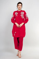 Red Cotton Silk Zari Embroidered Indo-Western Set- Set of 2