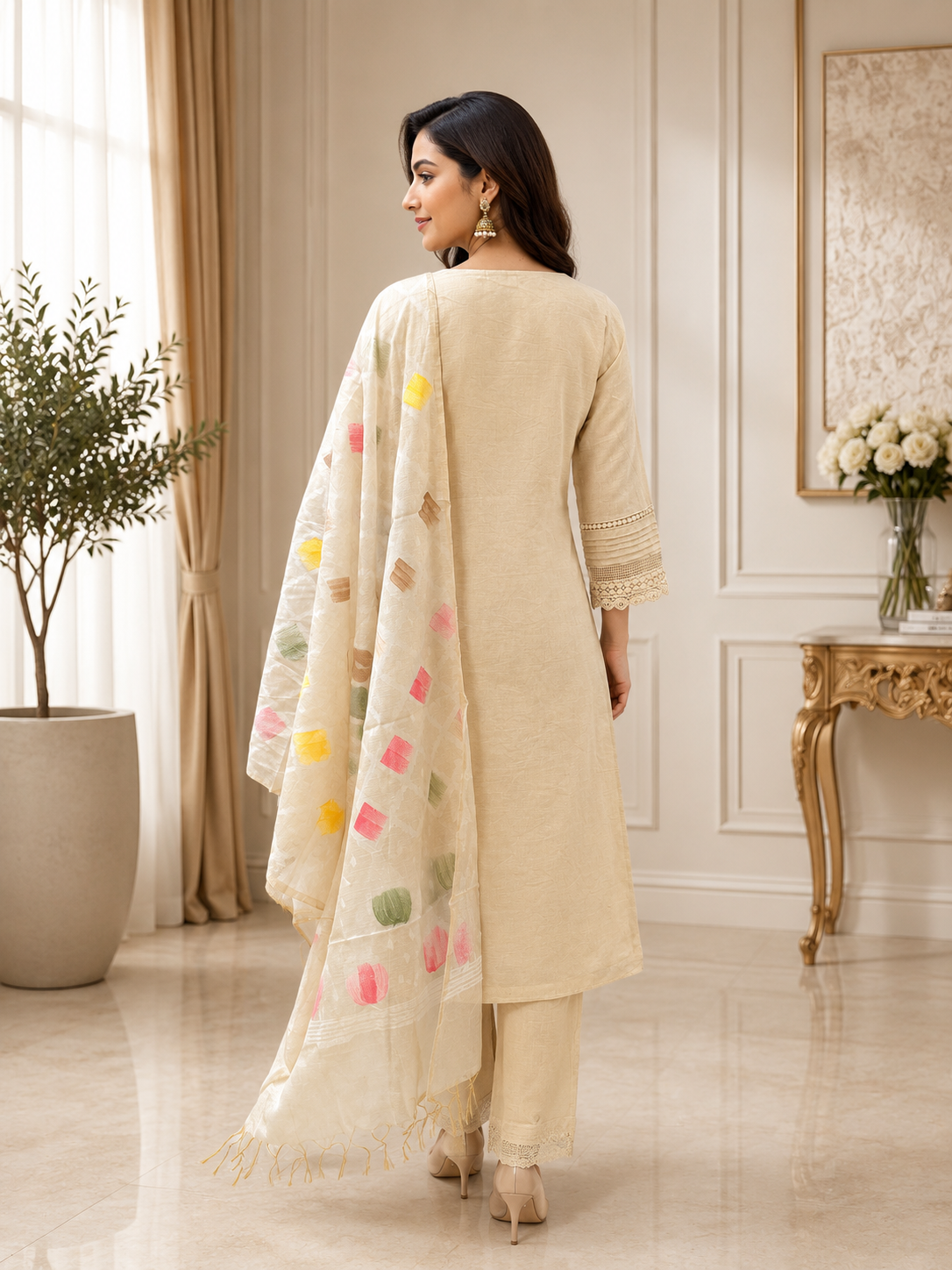 Premium Organic Beige Embroidered Kurta Set- Set of 3