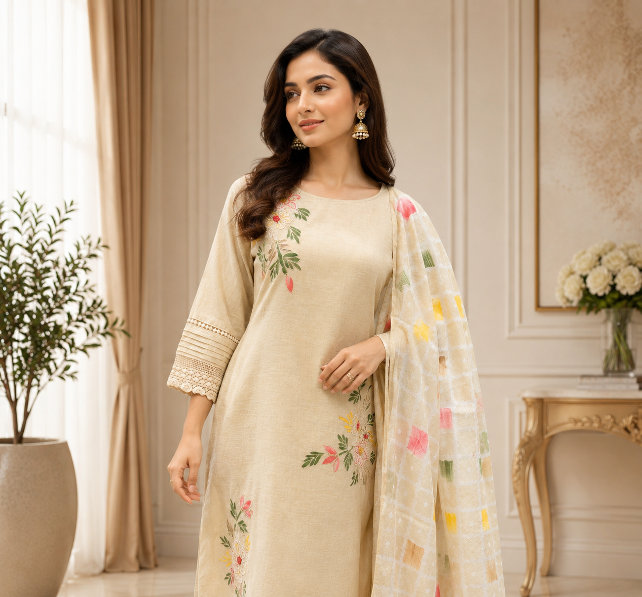 Premium Organic Beige Embroidered Kurta Set- Set of 3