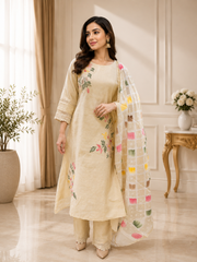 Premium Organic Beige Embroidered Kurta Set- Set of 3