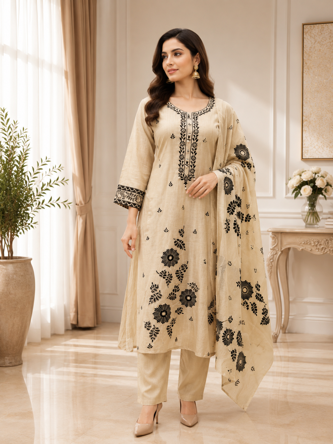 Premium Organic Beige Black Embroidered A-Line Kurta Set- Set of 3
