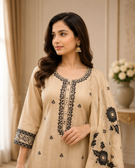 Premium Organic Beige Black Embroidered A-Line Kurta Set- Set of 3