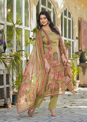 Beige Pure Soft Organza Digital Print Embroidered Suit- Set of 3