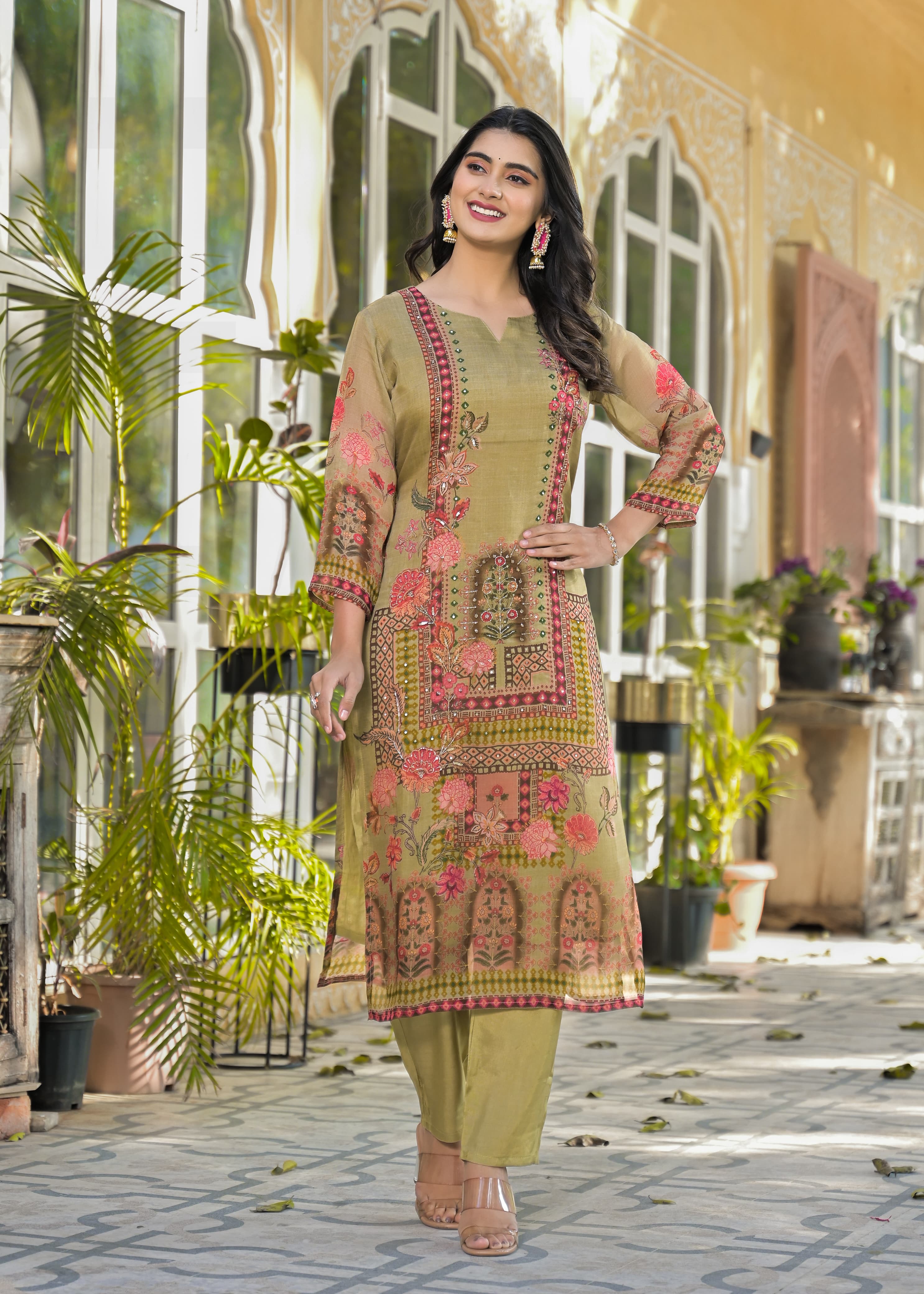Beige Pure Soft Organza Digital Print Embroidered Suit- Set of 3